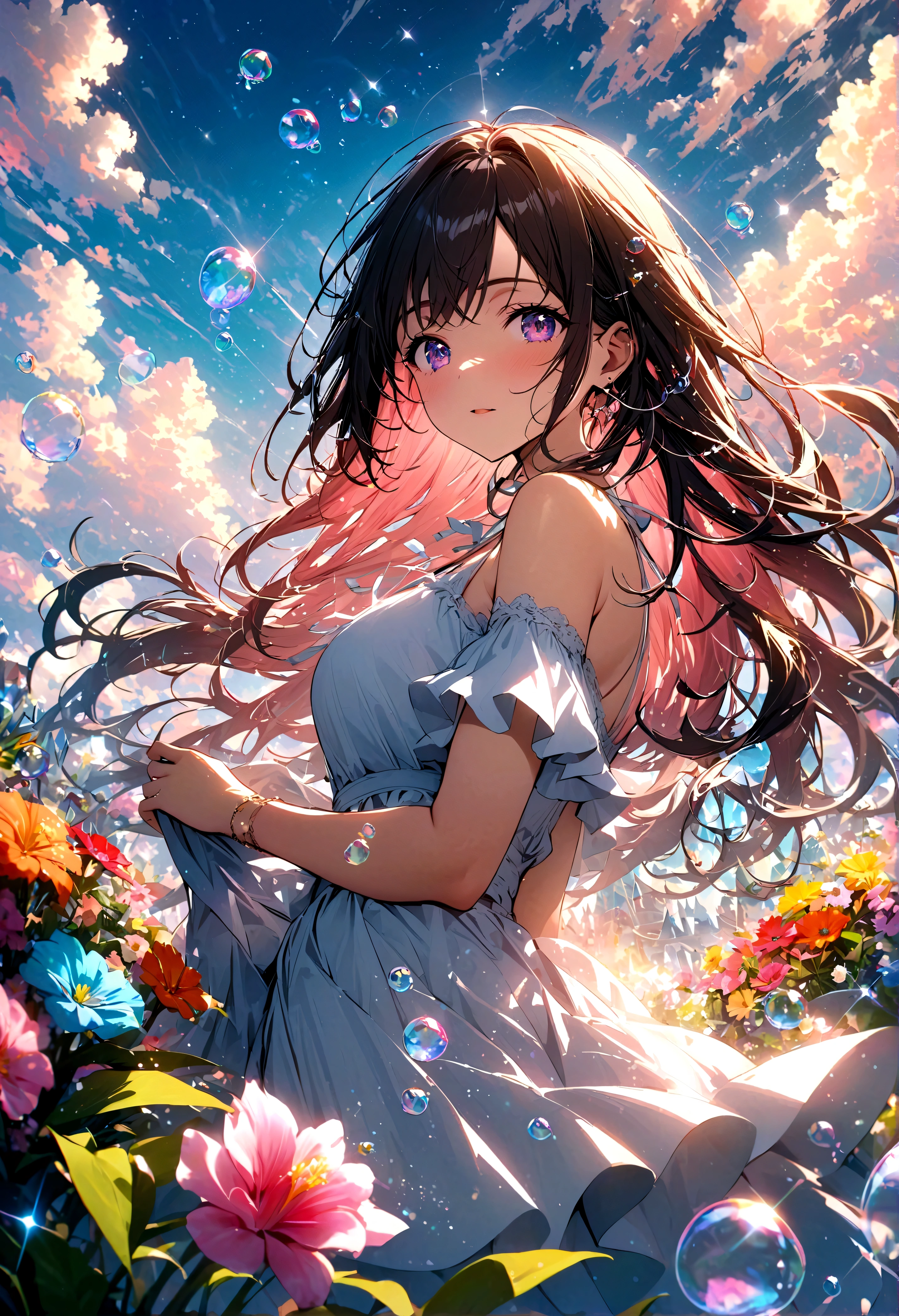JK,Flowing hair,Beautiful sky, Beautiful clouds, Summer,Colorful flowers, (Crystal clear bubbles sparkle in the sky), masterpiece,high resolution
