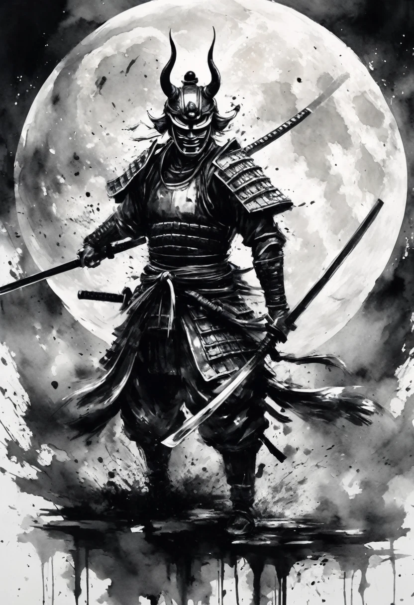 Black and white painting,Ink Painting,Warrior,(hannya face mask,samurai armor),(Helmet with Moon Symbol),(spread legs,Recreate the scene of raising the sword to attack the enemy.),Draw a circle with brush splashes,