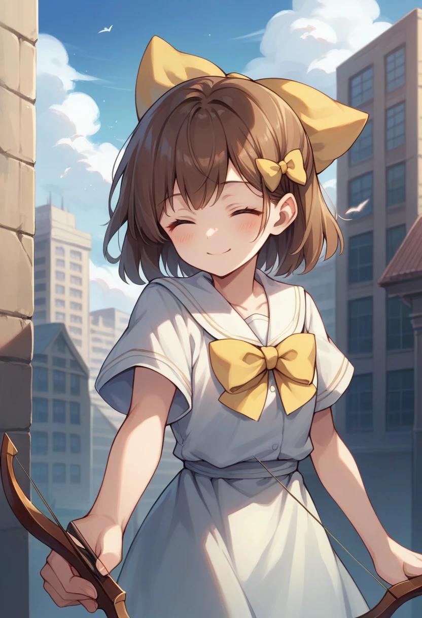 1 girl, Alone, wide, blush, SMILE, Brown hair, bow, two tails, Closed eyes, weapon, short sleeves, hair bow, sky, day, blue sky, building, in front of the viewer, yellow bow, bow (weapon), ARROW (projectile)