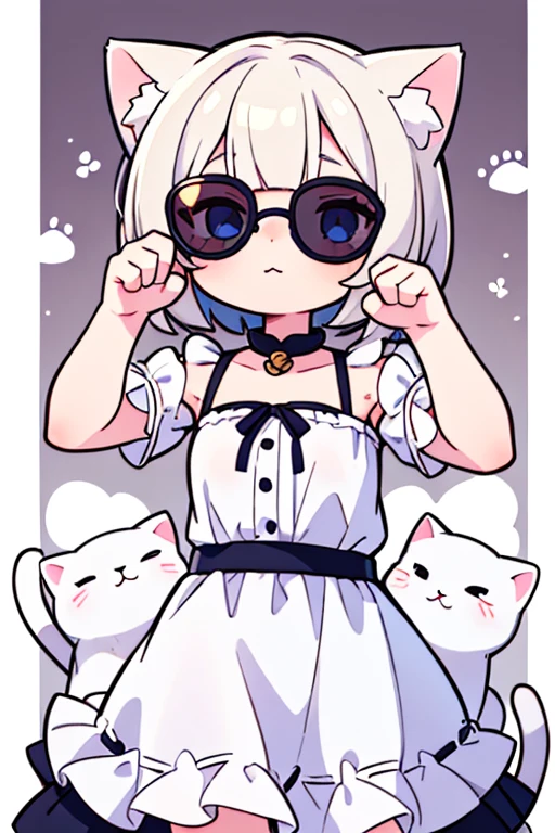 ((Highest quality)), ((masterpiece)), (detailed), Perfect Face, Perfect Arms, anime, Ultra-fine illustration, ((1 person)),((White cat girl wearing dark sunglasses)), cute, Bobcut, Cat ear, White midi dress, (Cat Pose:1.3), Cowboy Shot,