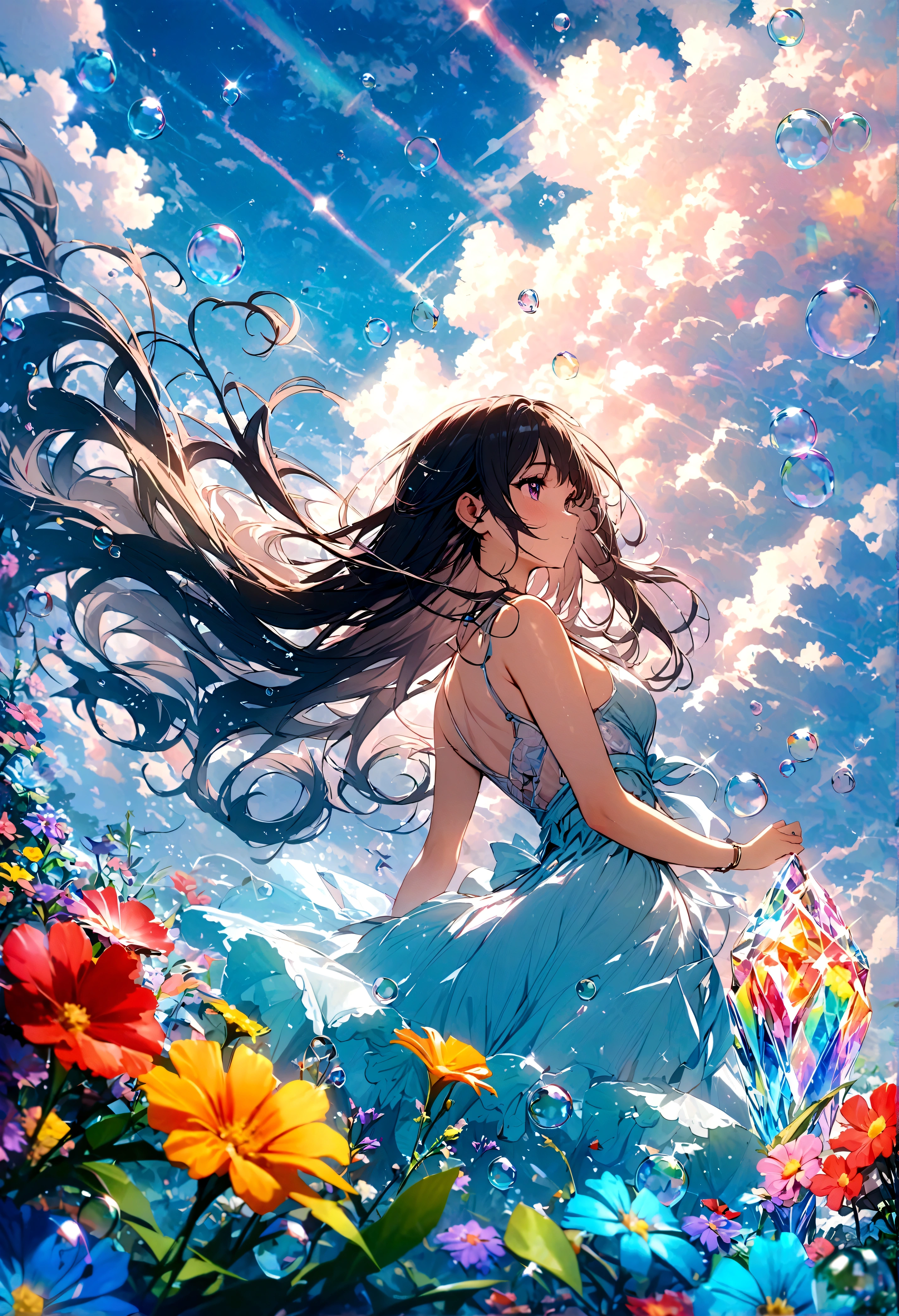 JK,Flowing hair,Beautiful sky, Beautiful clouds, Summer,Colorful flowers, (Crystal clear bubbles sparkle in the sky), masterpiece,high resolution