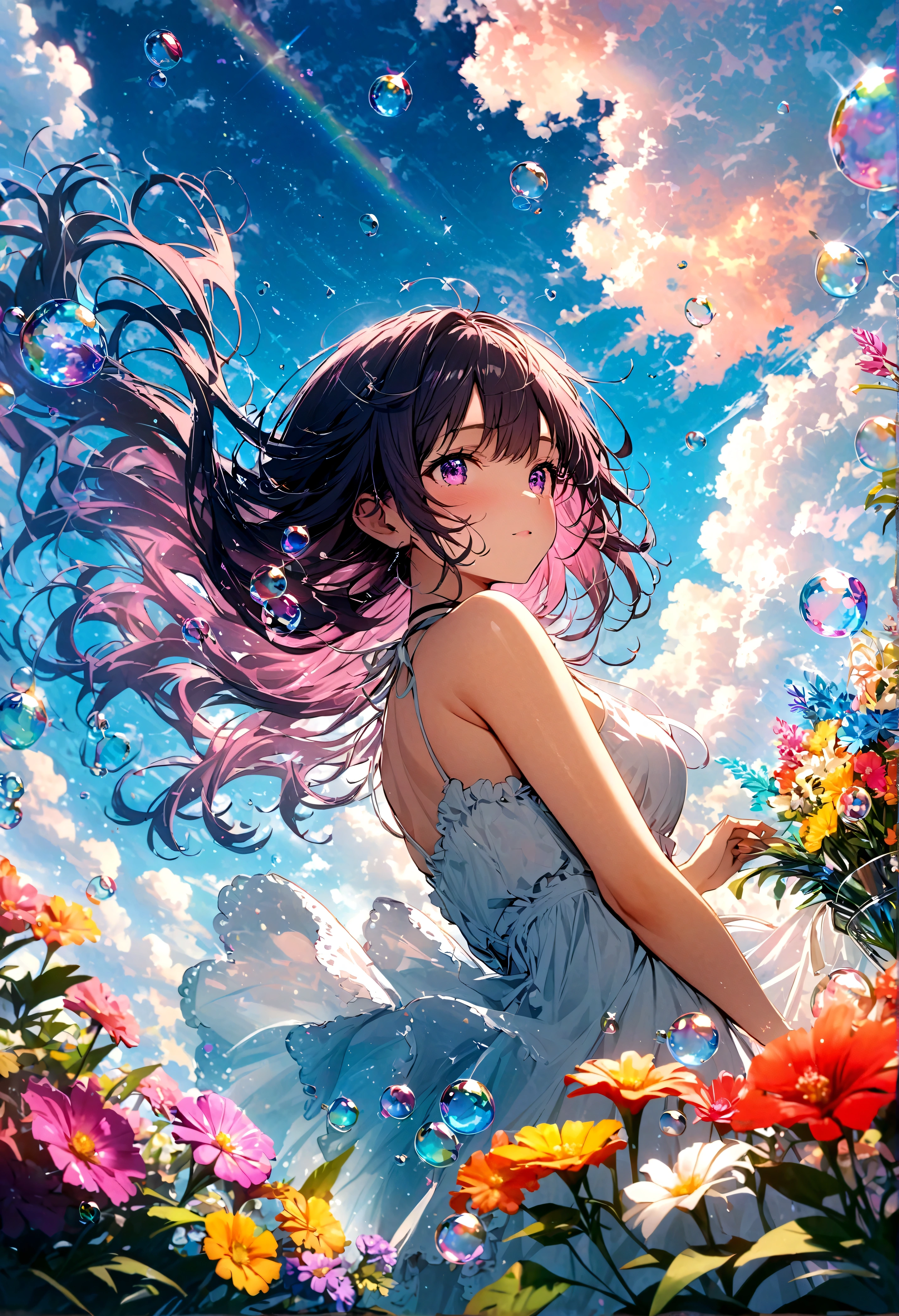 JK,Flowing hair,Beautiful sky, Beautiful clouds, Summer,Colorful flowers, (Crystal clear bubbles sparkle in the sky), masterpiece,high resolution