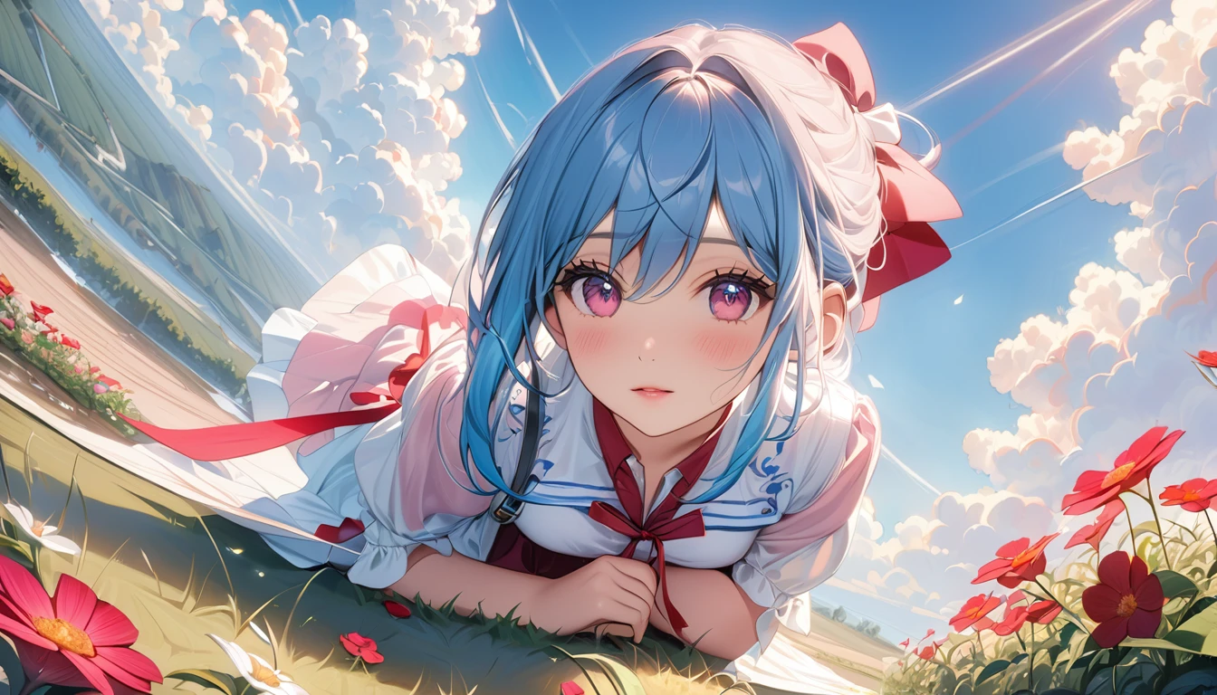 (detailed beautiful eyes and detailed face, masterpiece side light, masterpiece, best quality, detailed, High resolution illustration), (1 girl, beautiful girl, skin shiny), (sky blue hair, pink eyes, skirt, ribbon, button shirt)(Kneeling on the ground)