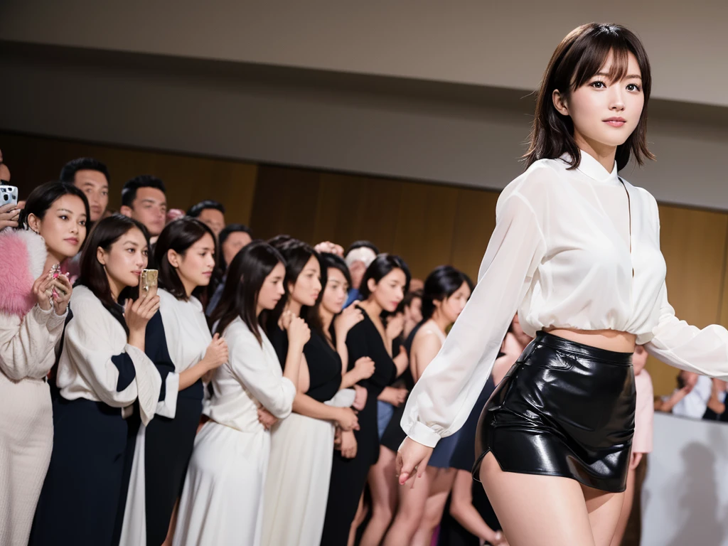 A live-action photo of an extremely beautiful Japanese high school girl race queen who highlights her large breasts and beautiful legs.、Photographed walking down the runway at a fashion show wearing the latest oysho lingerie.、She is an eternal idol who combines a clean look with modern charm.。 She creates such beauty。 She feels her own warmth。 She creates a warm atmosphere。 We create beauty。 That's what I want to say。 In her full body photo、The figure features porcelain-like skin and golden hair that radiates a soft glow.。 This is probably、It captured the essence of her timeless charm.、This is the best shot ever.。 Each straight line and curve is carefully expressed.、Breathtakingly beautiful with impeccable detail。 This piece perfectly captures her timeless beauty.。 Divine Proportions、Sharp focus、Full-body photo taken by Kishin Shinoyama、high quality、High resolution、Detailed Background
