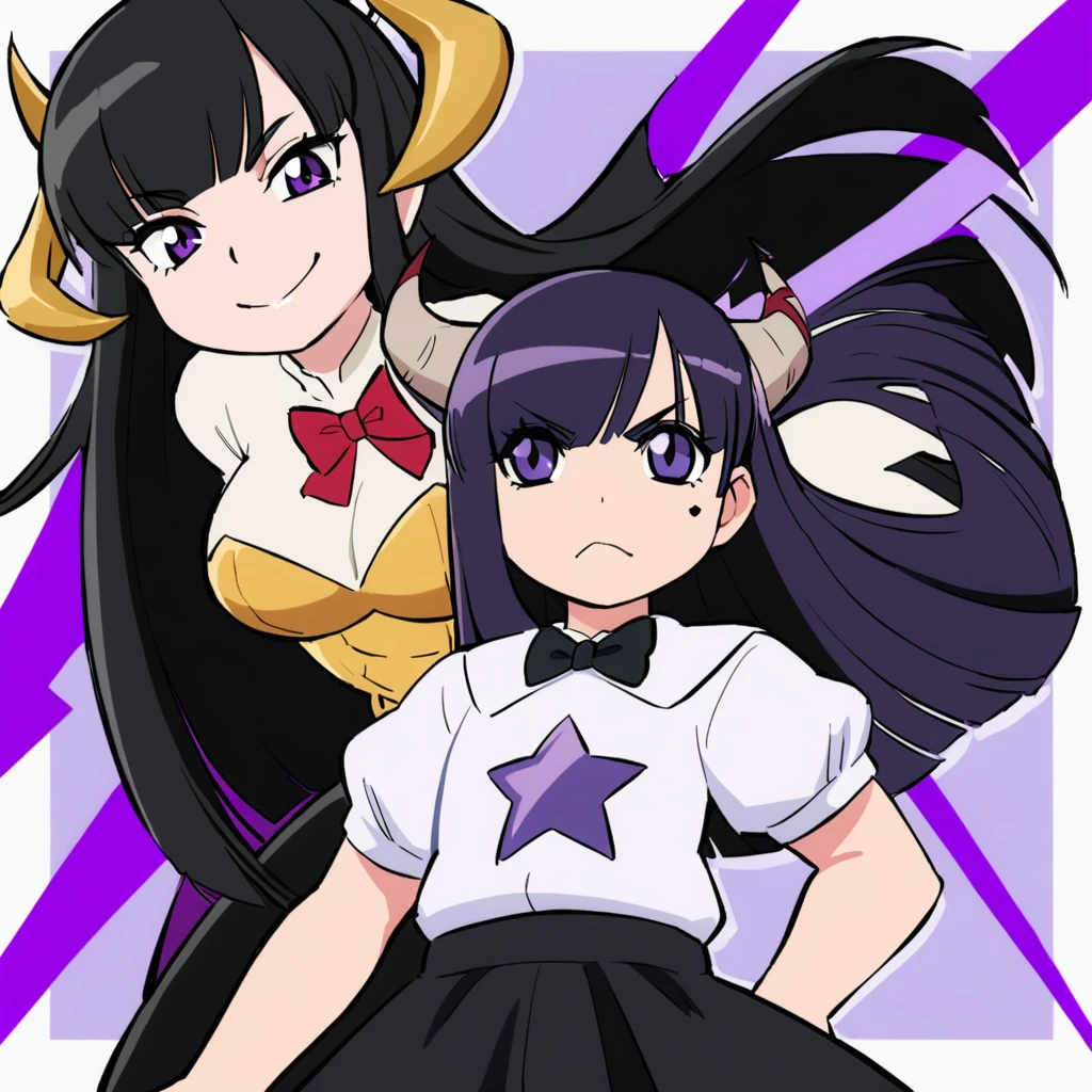 A girl with long black hair with straight bangs, with hair cut at the ends. Two large strands in the front, one bigger than the other. A rebel thread. A small white streak in your bangs. Two demon horns, one purple and one black, both with a dark purple star. one black eye and one purple eye. A purple star on your right cheek. black wide pants. All star shoe. Full white shirt with a bow tie with a star in the middle, with short sleeves. a big chest . Grinning. She is a star demon. She is standing looking at the camera. In one of his eyes a star in the black eye case, in the black eye and just black. Sex girl. Sex girl. One black eye and one purple eye. Quero a cara dela praticamente na tela. E que ela esteja com expressões diferentes em cada imagem.