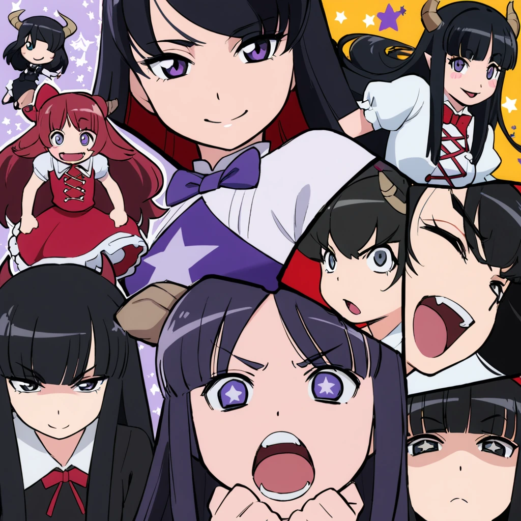 A girl with long black hair with straight bangs, with hair cut at the ends. Two large strands in the front, one bigger than the other. A rebel thread. A small white streak in your bangs. Two demon horns, one purple and one black, both with a dark purple star. one black eye and one purple eye. A purple star on your right cheek. black wide pants. All star shoe. Full white shirt with a bow tie with a star in the middle, with short sleeves.  a big chest . Grinning. She is a star demon. She is standing looking at the camera. In one of his eyes a star in the black eye case, in the black eye and just black. Sex girl. Sex girl. One black eye and one purple eye. Quero a cara dela praticamente na tela. E que ela esteja com expressões diferentes em cada imagem.