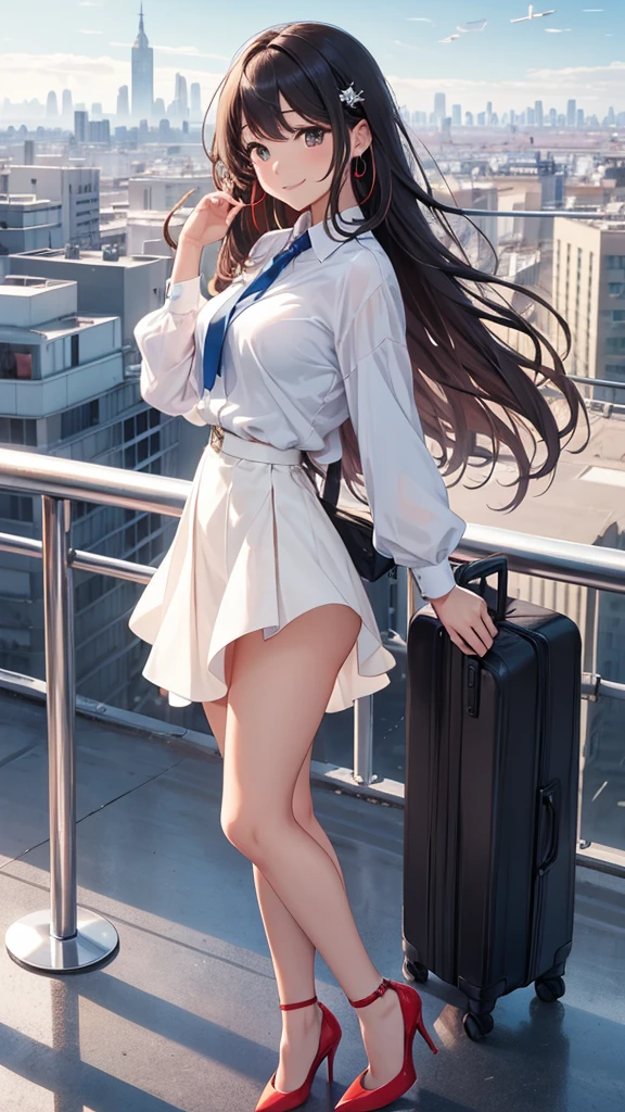 beautiful woman, stop on moving plane in the sky, in the background you can see the horizon and the city, Cabello beige, long hair, very smiling, inclined, White shirt, blue elegant miniskirt, whole body, red sole high heels, whole body