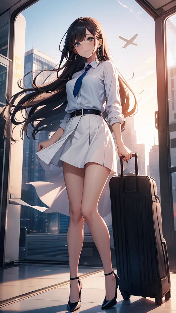 beautiful woman, stop on moving plane in the sky, in the background you can see the horizon and the city, Cabello beige, long hair, very smiling, inclined, White shirt, blue elegant miniskirt, whole body, red sole high heels, whole body