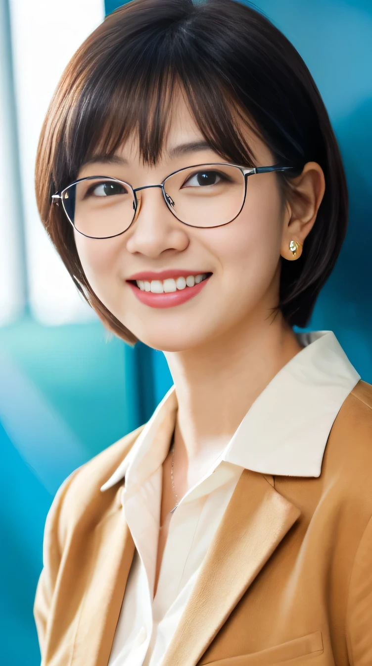 high quality:1.2), RAW Photos, High resolution, Very detailed, Intricate details,、Black Hair、Short Haircut、Glasses、ear piercing、smile、Emphasis on teeth、, (Front view, ), Clear beauty, Necklace around the neck、,, (High Quality Fabric, Office Lady Suits、Jacket、Unbuttoned white shirt） 、Detailed face, The background is the office
