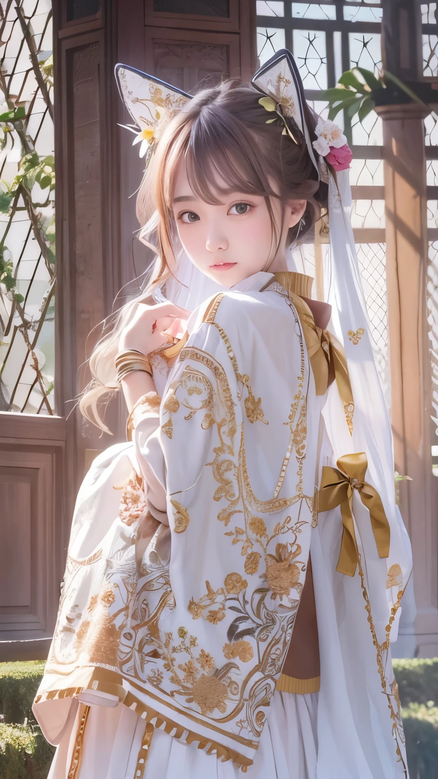 There's a cartoon girl in a dress, China dress, hanbok apron, Chinese Costume, Chinese traditional clothing, Close-up - view, hanbok, wearing ancient Chinese Costume, with ancient Chinese Costume, palace, Girl in Hanfu, White Hanfu, China dress, Kitten with pink flowers, Shadow Room, Light Edge, Two-tone lighting, (Skin with attention to detail: 1.2), 8K Ultra HD, Digital SLR, Soft Light, high quality, Volumetric lighting, Sneak a peek, photograph, High resolution, 4K, 8K, Background blur