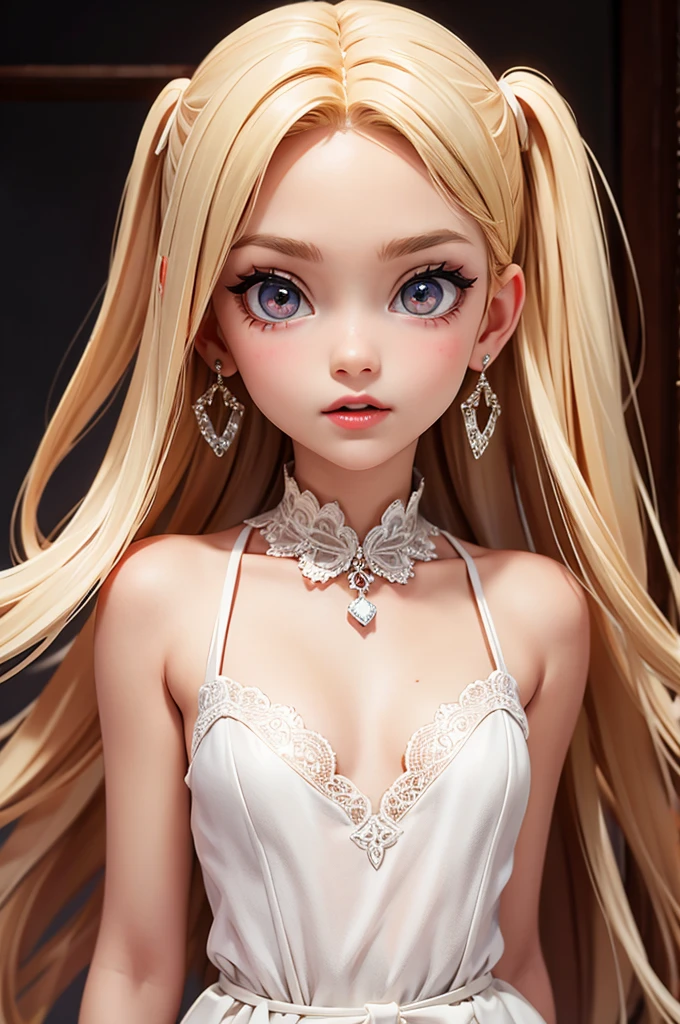 hyperrealistic  american teen, blonderfect tiny body, sexy, big earrings, dark makeup, perfect slim face, big red lips, very cute face, tiny body, big eyes, young looking, childish looking, wedding dress