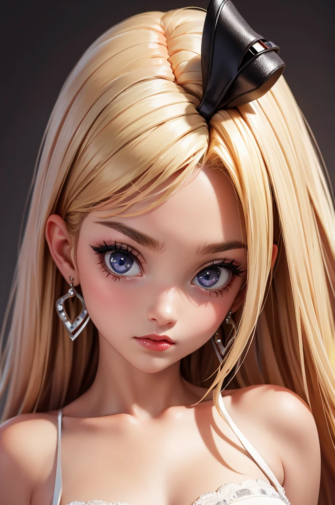 hyperrealistic 14 year old american , blonde, perfect tiny body, sexy, big earrings, dark makeup, perfect slim face, big red lips, very cute face, tiny body, big eyes, young looking, childish looking, bride