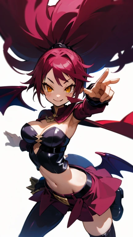 High detailed, a vampire girl, burgundy colored mega ponytail, yellow eyes, smiling, tongue out, round buson, vampire's Cape, blue tight Bustier, spiked belt, large Bat wings, leaping pose
