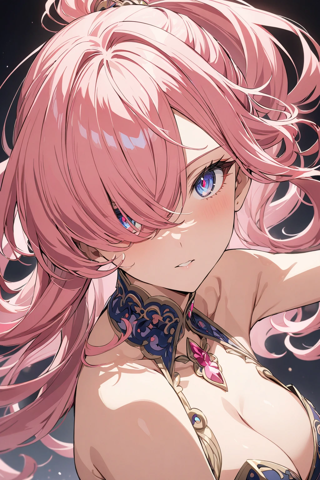 ((masterpiece)), (best quality portrait), female, long_ponytail wavy tip pink color hair, hair over one eye, detailed beautiful eyes, detailed gorgeous face, perfect anatomy, dynamic pose, intricate details, anime,