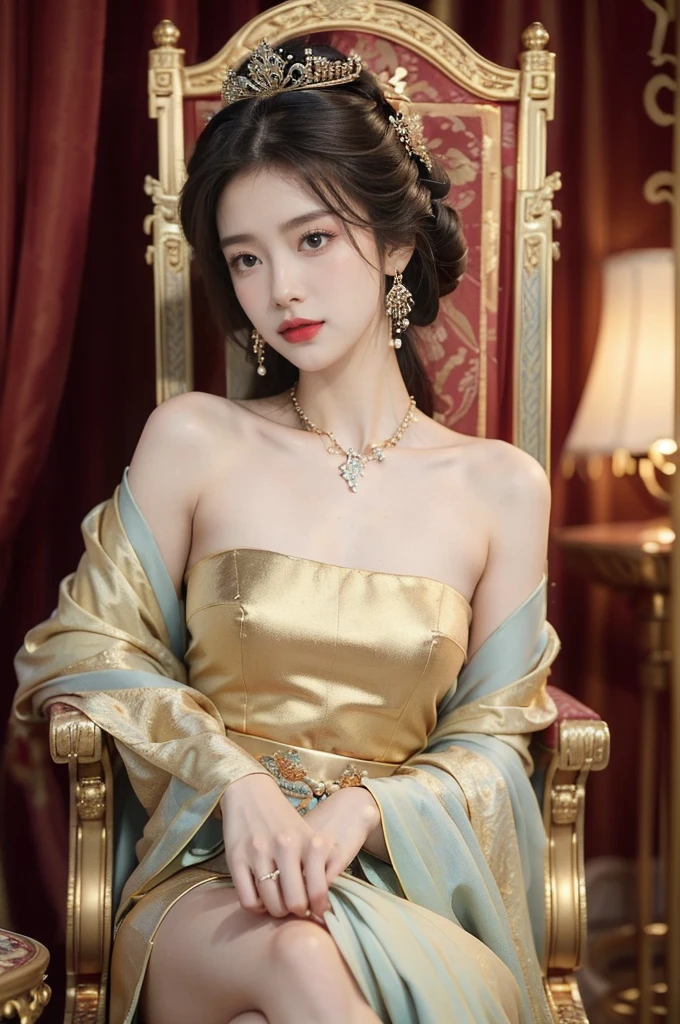 (((best quality))),(((ultra detailed))),(((masterpiece))),illustration,1 girl,solo,slim,thin,shoulder length straight bob hair,earrings,necklace,small breasts,flat chest,slender legs,high heels,Asian appearance,princess,royal,Chinese palace,night scene,magnificent dragon hanfu,golden crown,intricate embroidery,luxurious fabric,precious stones,(sitting on the metallic throne:1.3),(arms behind back:1.3),decorative patterns,rich decorations,luxurious furnishings,regal charm,beautiful face,gentle smile,bright eyes,historical,traditional,city lights,modernity,frozen moment,beauty of the past,evolution of time,(from front:1.3),(spread legs apart:1.3),(upper body:1.2)