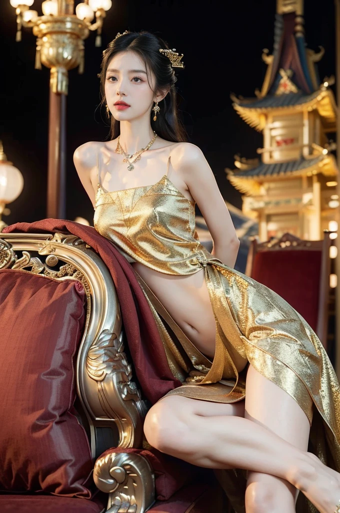 (((best quality))),(((ultra detailed))),(((masterpiece))),illustration,1 girl,solo,slim,thin,shoulder length straight bob hair,earrings,necklace,small breasts,flat chest,slender legs,high heels,Asian appearance,princess,royal,Chinese palace,night scene,magnificent dragon hanfu,golden crown,intricate embroidery,luxurious fabric,precious stones,(sitting on the metallic throne:1.3),(arms behind back:1.3),decorative patterns,rich decorations,luxurious furnishings,regal charm,beautiful face,gentle smile,bright eyes,historical,traditional,city lights,modernity,frozen moment,beauty of the past,evolution of time,(from front:1.3),(spread legs apart:1.3),(upper body:1.2)