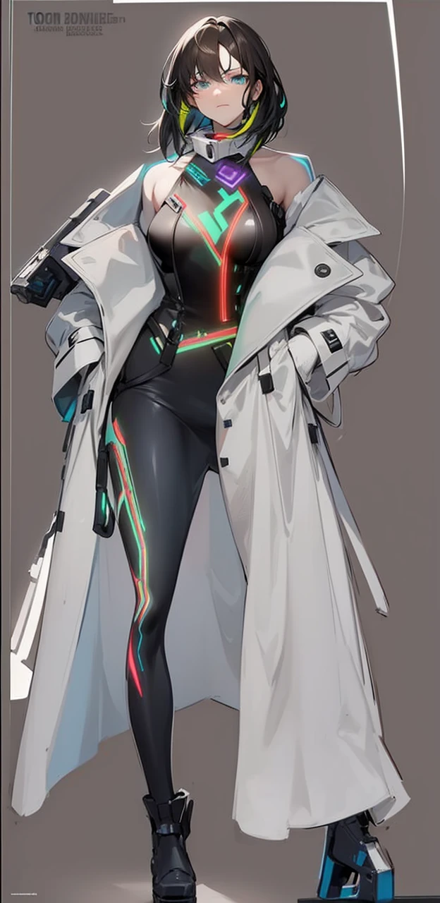 The image shows a young woman with long dark hair, dressed in a combination of futuristic and high-tech clothing.
### Suit Details:
- **chest**: In the center of the chest there is a luminous circular design with multiple colors (mainly green, blue, and red), which appears to be a power source or device. It is surrounded by luminous line patterns in various colors.
- **shelter**: He wears a long light-colored coat (white or light gray), which is open and reveals the luminous device on his chest. The coat has a modern and elegant design, with large flaps and visible buttons.
- **Bottom**: under the coat, He wears a tight black suit that covers his torso and legs.. This suit seems to be made of a resistant and technological material, with patterns of luminous lines running across his body from the device on his chest to his legs.
- **Boots**: The boots are black, high, and robust, combining with the fitted suit. They have a modern and futuristic design.
### expression y POSTURE:
- **expression**: His expression is calm and confident., with a slight smile and eyes that look forward.
- **POSTURE**: She is standing, with a relaxed but firm posture. A hand is raised and resting on his head, while the other appears to be slightly holding the coat open.
The overall design of the image is high-tech and futuristic, combining modern fashion elements with advanced technology. Luminous, multicolored details on the chest device and suit patterns suggest a figure equipped with advanced technology and possibly special powers or abilities in a futuristic setting..
