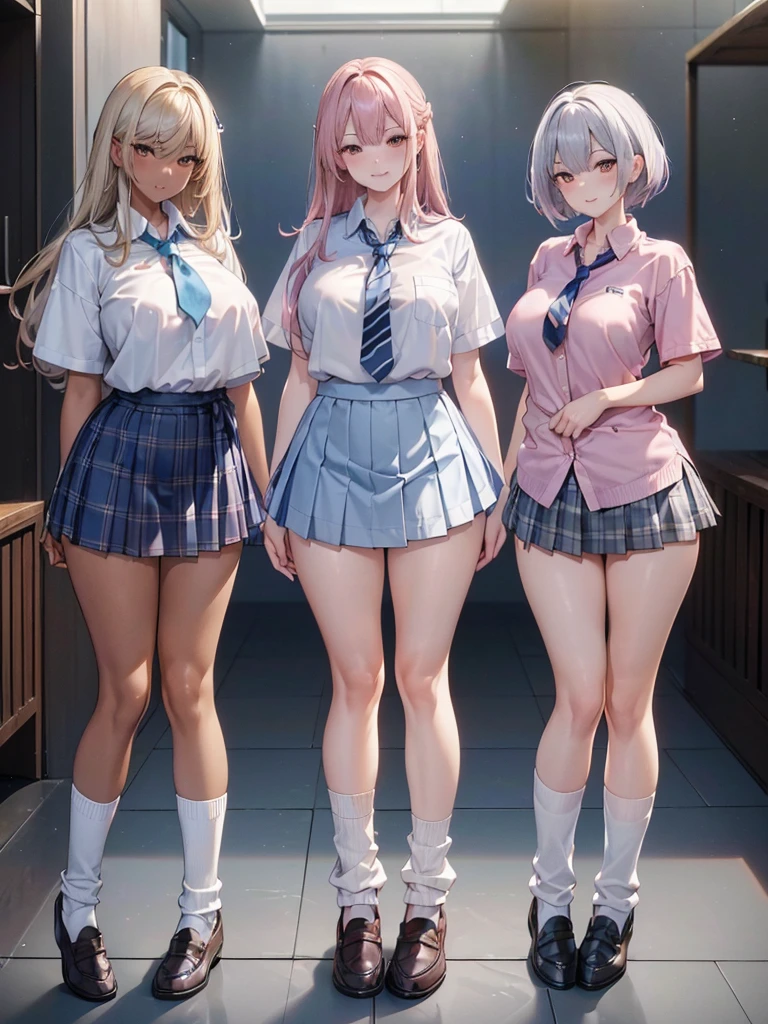 (Three young and beautiful Japanese women), nsfw, Detailed Background, (((独奏))), ((Excellent anatomy: 1.2)), (The first one is blonde, long hair, Big Breasts, dark skin), (The second one has silver hair, short hair, Big Breasts, dark skin), (The third person has pink hair, Bobcut, Small breasts), (All in the same clothes:1.8), (((All three are wearing short-sleeved white shirts, Blue short tie, Checkered mini skirt,loose socks, loafers))), Standing outdoors, grin, Hand position is random, Beautiful thighs