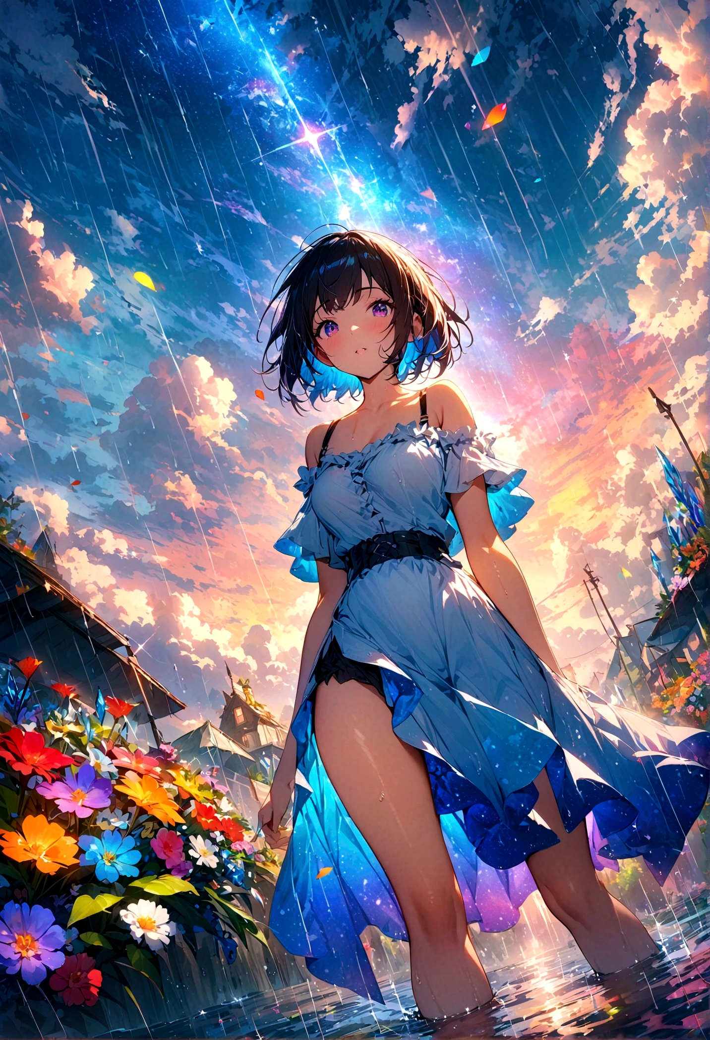 short hair,,Beautiful sky, Beautiful clouds, rain,Colorful flowers, (Crystal clear rain sparkles in the sky), masterpiece,high resolution,Wide-angle lens