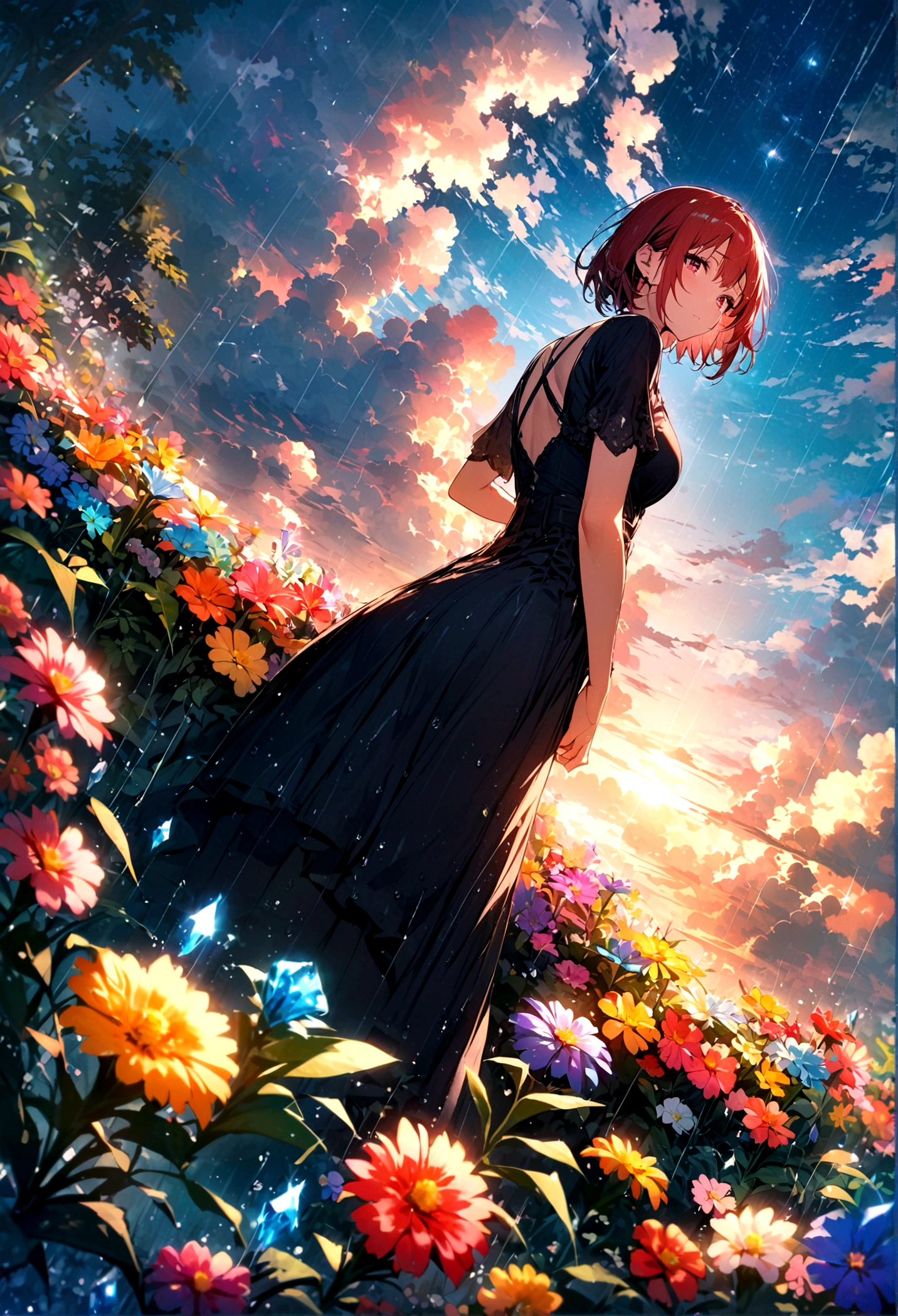 short hair，,Beautiful sky, Beautiful clouds, rain，Colorful flowers, (Crystal clear rain sparkles in the sky), masterpiece,high resolution,Wide-angle lens