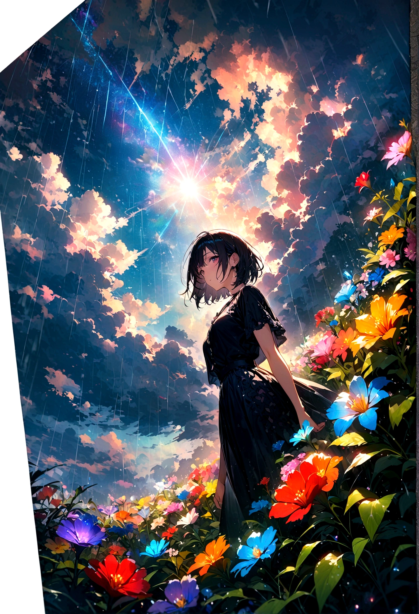 short hair,,Beautiful sky, Beautiful clouds, rain,Colorful flowers, (Crystal clear rain sparkles in the sky), masterpiece,high resolution,Wide-angle lens