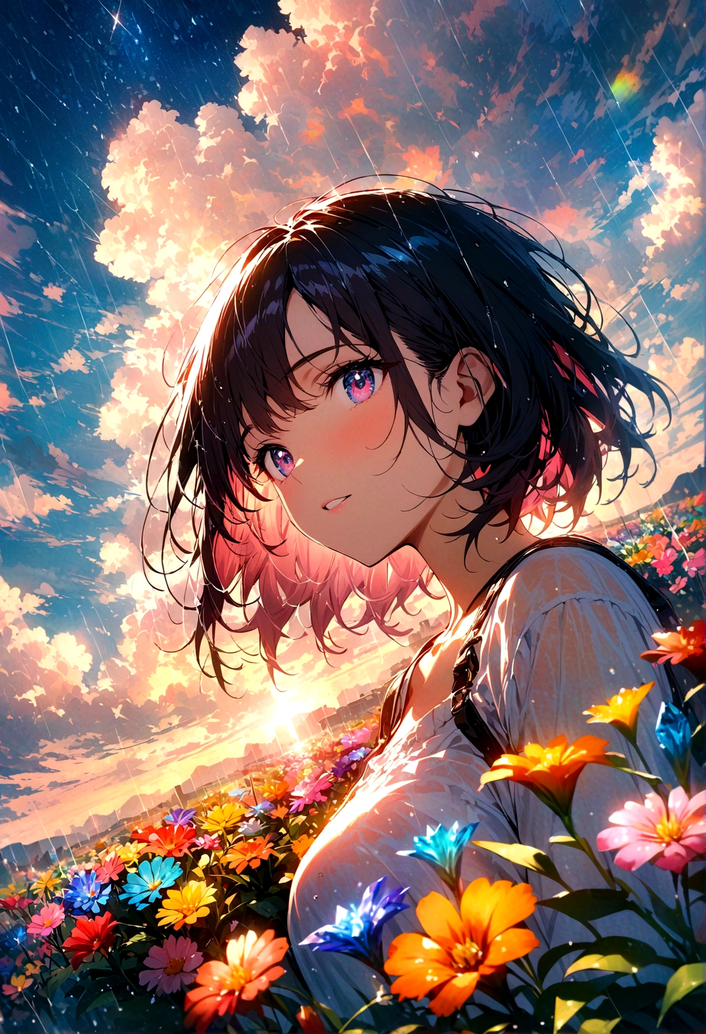 short hair,,Beautiful sky, Beautiful clouds, rain,Colorful flowers, (Crystal clear rain sparkles in the sky), masterpiece,high resolution,Wide-angle lens
