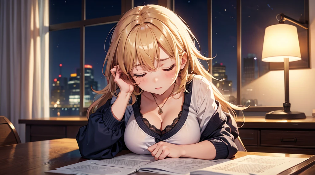 Falling asleep face down while studying at night、A cute girl with a little emphasis on her breasts