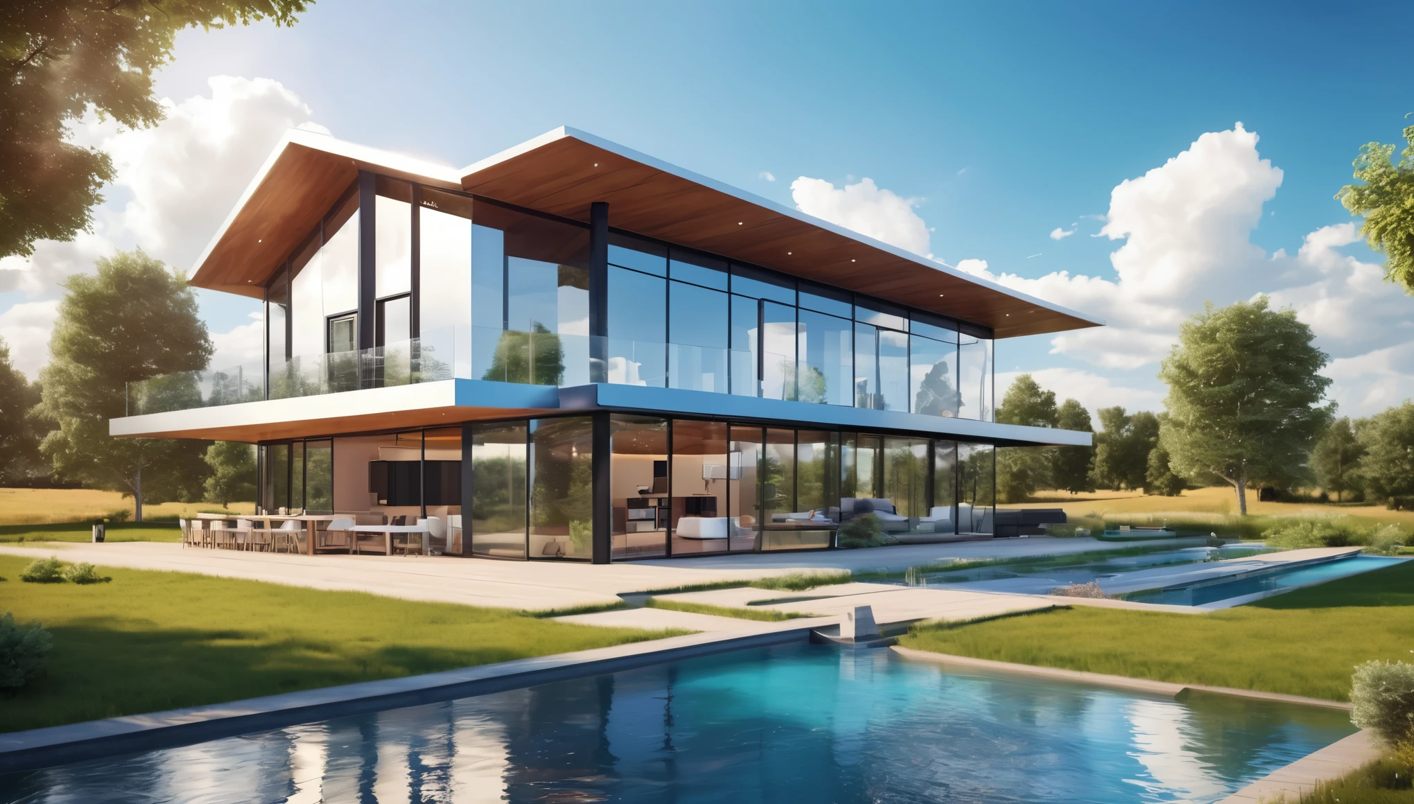 A futuristic version of the farmhouse with sleek, metallic architecture and advanced technology, contrasting with the natural setting. Hyper realistic photo, vibrant colors, 16k