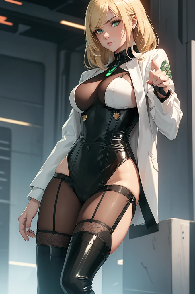 Female senator from Star Wars. Politcian. Coruscant background. Young, fit. Blonde longer hair. Green eyes. Wearing sexy clothing. Visible stockings tight. High heel boots. Clothing is luxurious.  Visible cameltoe