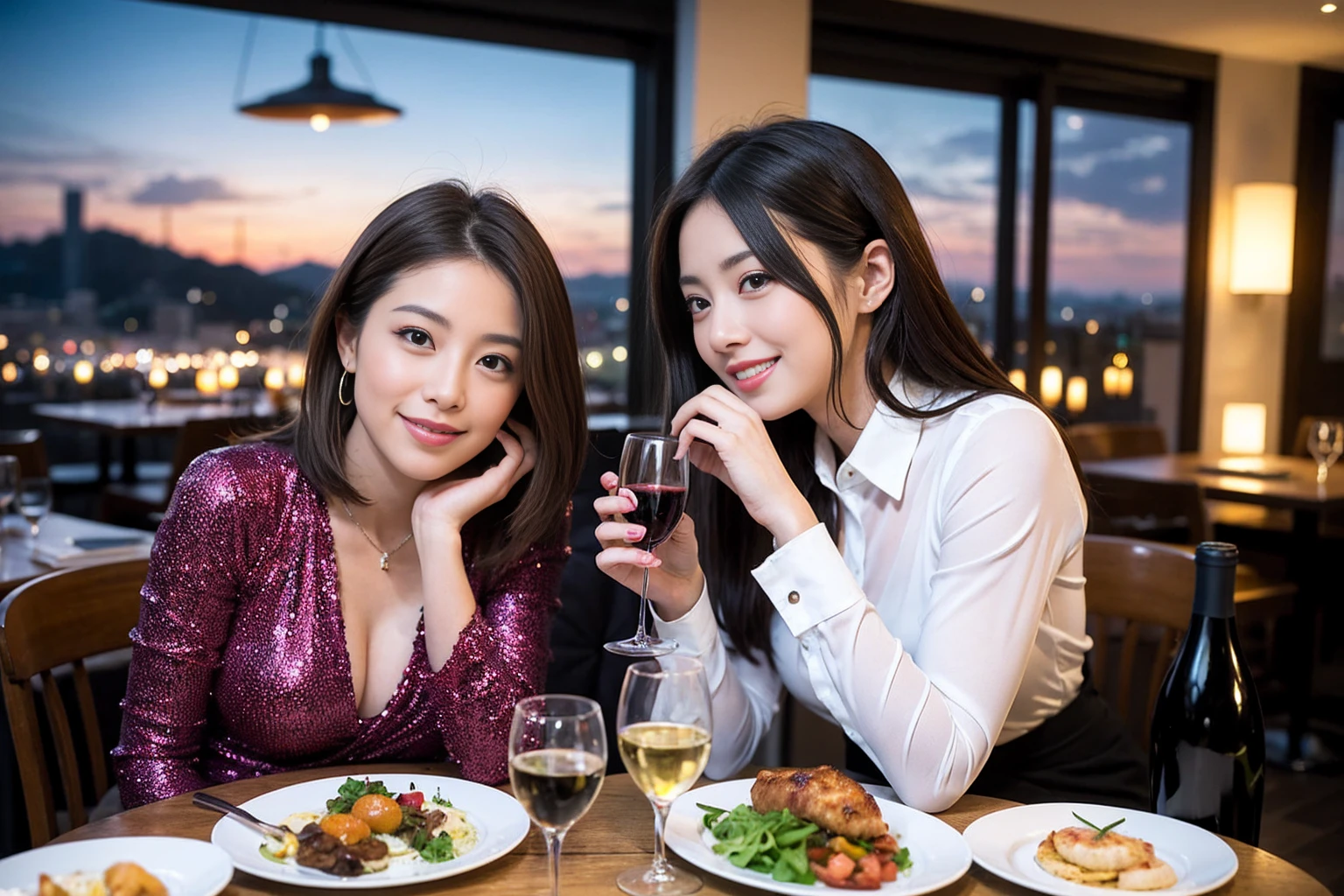 ((Highest quality、、masterpiece:1.3))、1 male、1 female、Satomi Ishihara、Beautiful couple、smile、full-course dinner、 (Slim face), (the body is スリム), (Brown Hair), (Shortcuts), ((Bob Hale、Straight hair:1.2)), テーブルの上のwine glass、Shine light on your face、 Amazing view of the sunset sky and clouds、smileの美しさ、Bright image、Blushing, Shortcuts, (43 years old), 39 years old, Appetizers、Italian food、Wine bottle、Champagne、sparkling wine、Long sleeve shirt、dress、Attractive beauty、restaurant, Nova Frog Style, actress, model, Upper Body, White wine, red wine, wine glass,