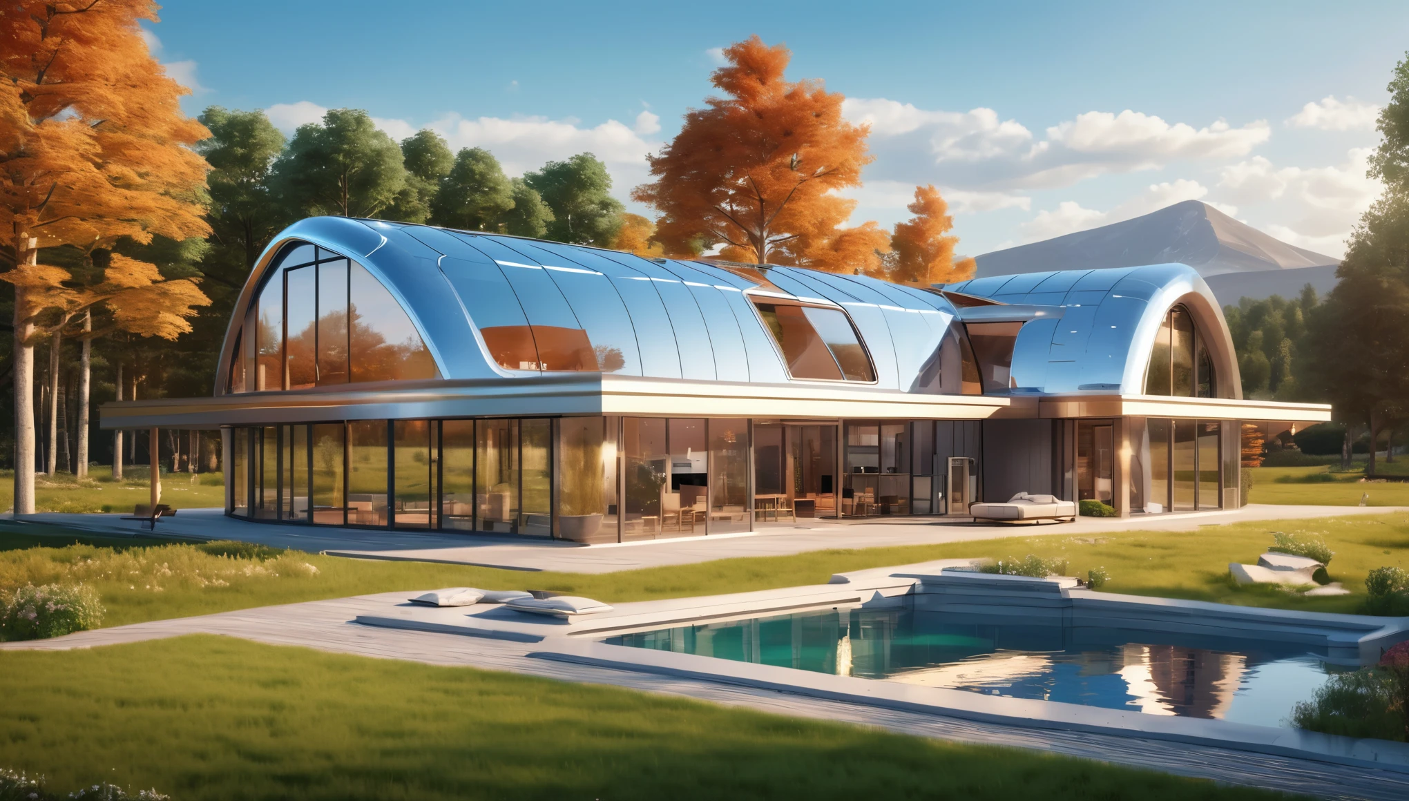A futuristic version of the farmhouse with sleek, metallic architecture and advanced technology, contrasting with the natural setting. Hyper realistic photo, vibrant colors, 16k