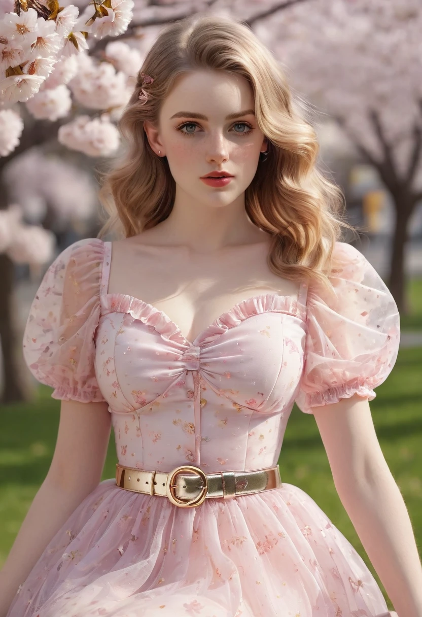 A beautiful sensual, curvy blonde kid wearing a sweet Pink Party Contrast Mesh, Ruffle Hem, All Over cherry blossoms Print, A Line, Short puff Sleeves, Sweetheart neckline, thin gold belt with tiny heart buckle, High Waist,Flounce hem Long gown, very long curling hair, cute, sweet, town picnic, warm party atmosphere, pretty, pretty lighting, 8k, octane render, detailed, detailed background, 35mm, realistic, photorealistic, perfect face, cherry blossoms barrettes in hair, freckles, American 