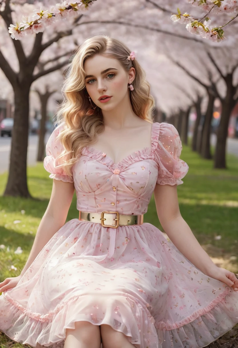 A beautiful sensual, curvy blonde kid wearing a sweet Pink Party Contrast Mesh, Ruffle Hem, All Over cherry blossoms Print, A Line, Short puff Sleeves, Sweetheart neckline, thin gold belt with tiny heart buckle, High Waist,Flounce hem Long gown, very long curling hair, cute, sweet, town picnic, warm party atmosphere, pretty, pretty lighting, 8k, octane render, detailed, detailed background, 35mm, realistic, photorealistic, perfect face, cherry blossoms barrettes in hair, freckles, American 