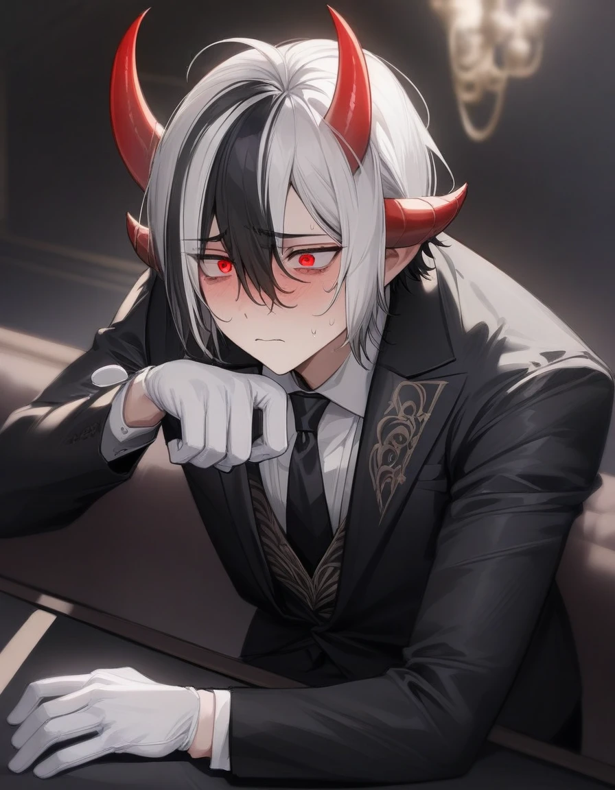Masterpiece, detailed, Best Quality, black suit and tie , white gloves , black and white hair , multicolor fur , half and half hair , red eye color , worried , Chico , short hair , horns , Alone , black pantaloon , elegant