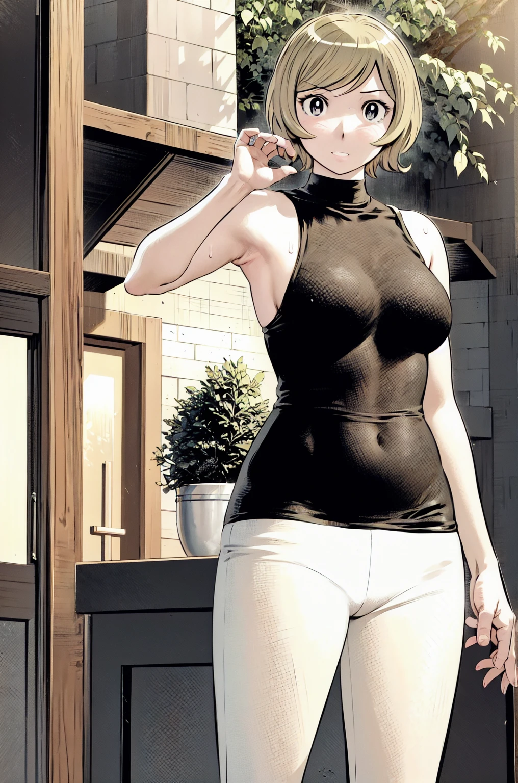 、(masterpiece、Highest quality)、Highest quality, Ultra-high resolution, (((masterpiece))), alone, Sweat、Big eyes, Please show me your armpits, No sleeve、Outdoor、Floral dress、Composition from the front、(Cut the back hair short、short hair、blonde、woman)、Shortcuts、Embarrassed face、Cut your hair short、可愛いwomanの子、Big Breasts