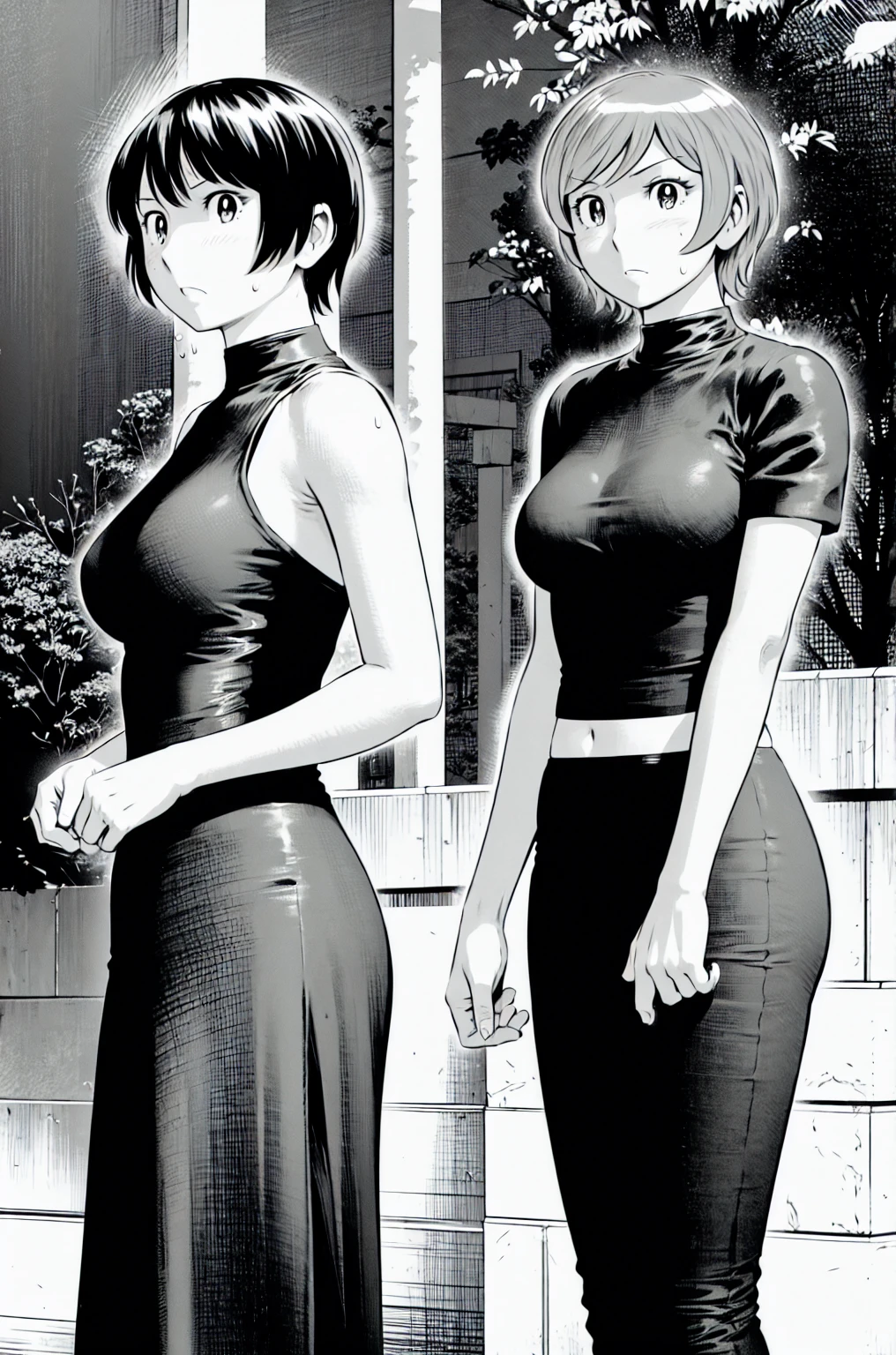 、(masterpiece、Highest quality)、Highest quality, Ultra-high resolution, (((masterpiece))), alone, Sweat、Big eyes, Please show me your armpits, No sleeve、Outdoor、Floral dress、Composition from the front、(Cut the back hair short、short hair、blonde、woman)、Shortcuts、Embarrassed face、Cut your hair short、可愛いwomanの子、Big Breasts