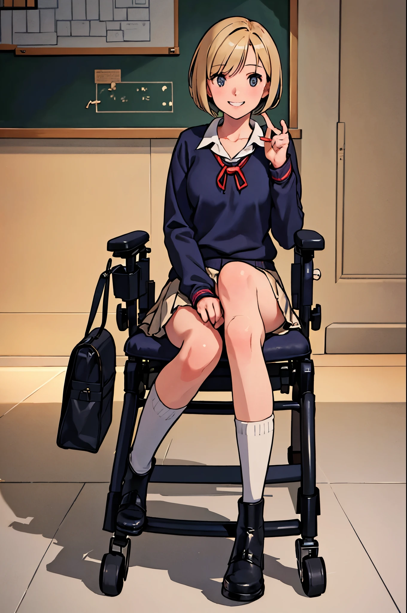 (highest quality,4K,8K,High resolution,table top:1.2), Super detailed, (realistic,photorealistic,photo-realistic:1.37),inside the school,inside the classroom,one  girl,blonde short bob hair,grin,grin,she’s disabled,she’s wheelchair user,she’s wheelchair user,her legs are very thin,ribbons,blouse,skirts,socks,boots,she has crutches,there is school bag on her knee.