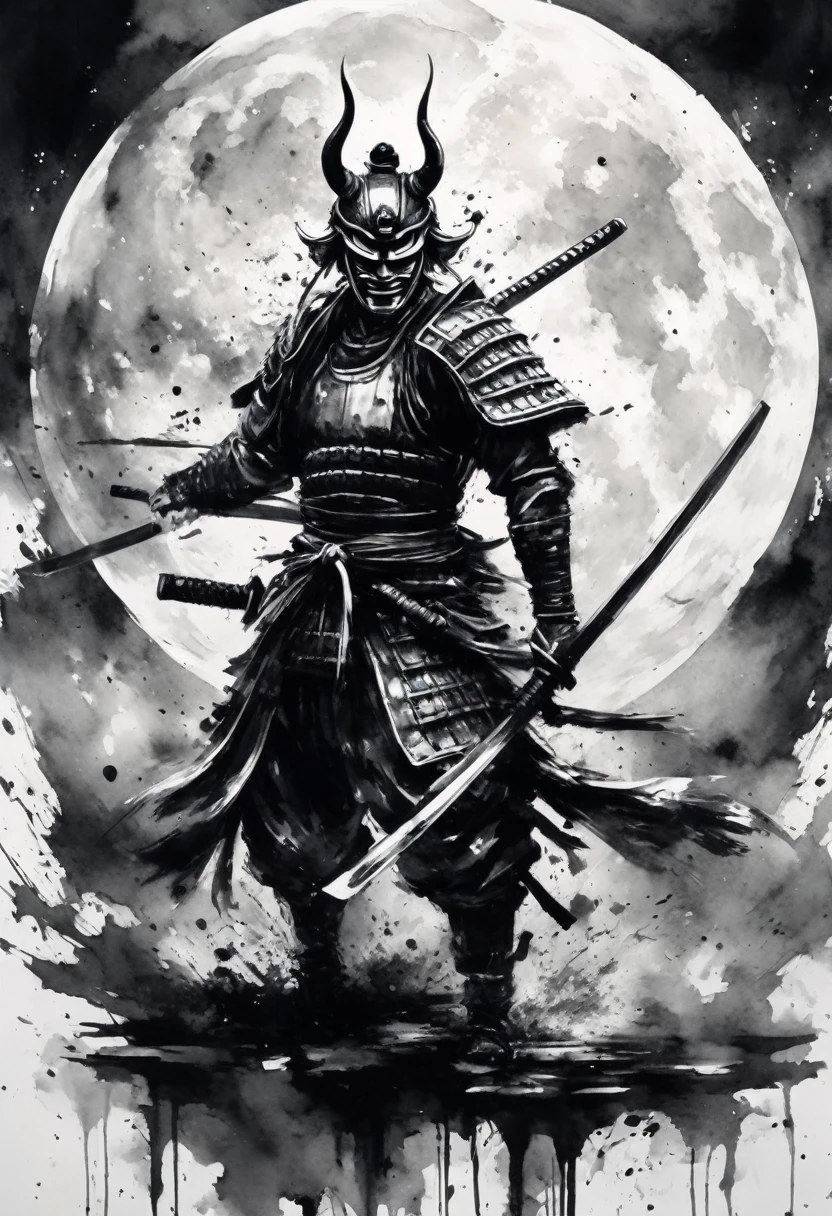 Black and white painting,Ink Painting,Warrior,(hannya face mask,samurai armor),(Helmet with Moon Symbol),(spread legs,Recreate the scene of raising the sword to attack the enemy.),Draw a circle with brush splashes,