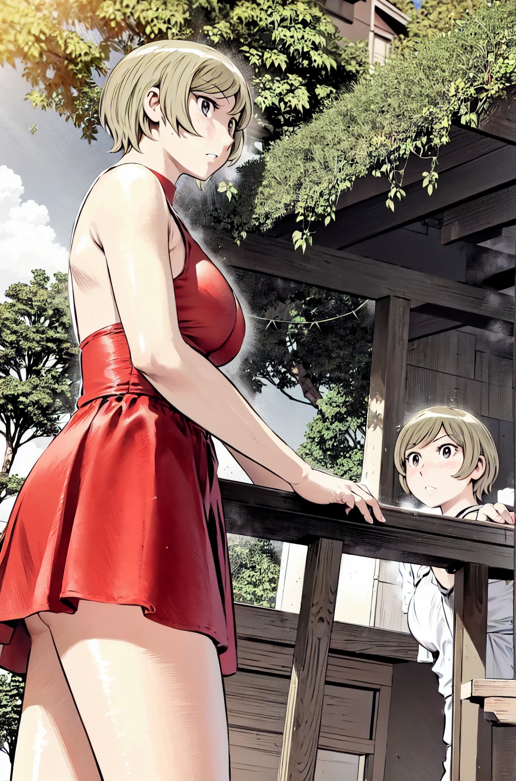 、(masterpiece、Highest quality)、Highest quality, Ultra-high resolution, (((masterpiece))), alone, Sweat、Big eyes, Please show me your armpits, No sleeve、Outdoor、Floral dress、Composition from the front、(Cut the back hair short、short hair、blonde、woman)、Shortcuts、Embarrassed face、Cut your hair short、可愛いwomanの子、Big Breasts