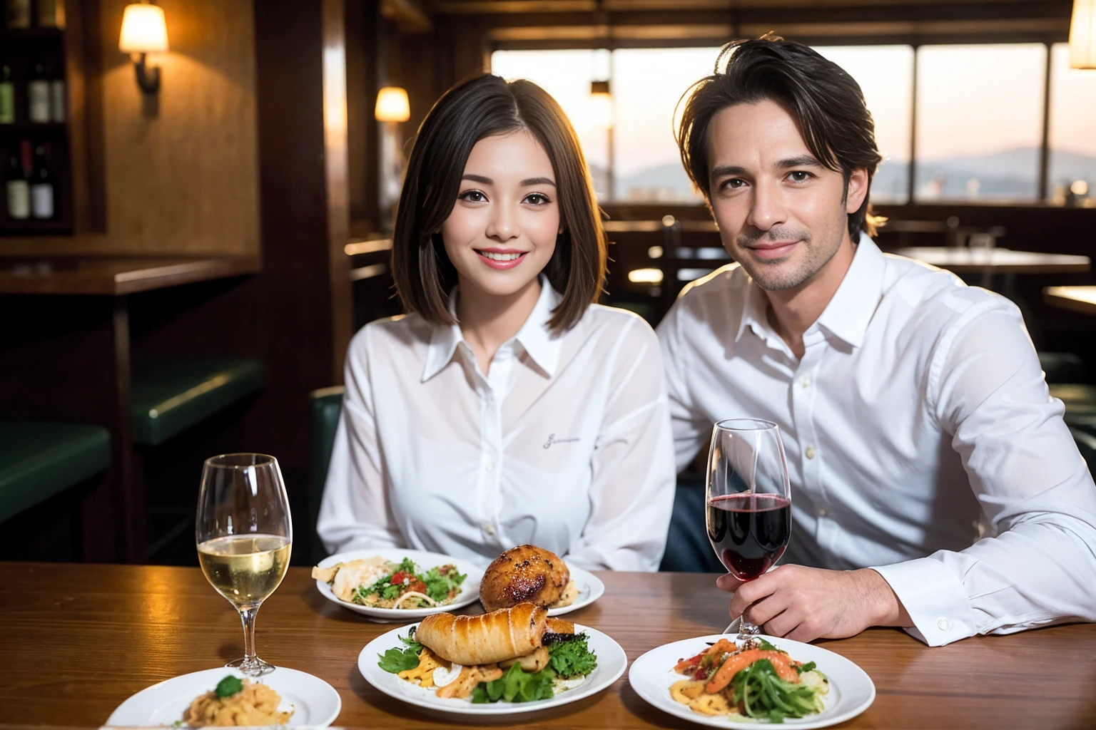 ((Highest quality、8K、masterpiece:1.3))、1 male、1 female、spouse、Beautiful couple、smile、 (Slim face), (the body is スリム), (Brown Hair), (Shortcuts), ((Bob Hale、Straight hair:1.2)), テーブルの上のwine glass、Please shine a light on my face、 Amazing view of the sunset sky and clouds、Amazing mountain views、smileの美しさ、Bright imYear、Blushing, Shortcuts,Bright Face、 Year), 39 Year, red wine 、Appetizers、Italian food、Wine bottle、Champagne、sparkling wine、Long sleeve shirt、dress、Attractive beauty、restaurant, Nova Frog Style, actress, model, Upper Body, White wine, red wine, wine glass,