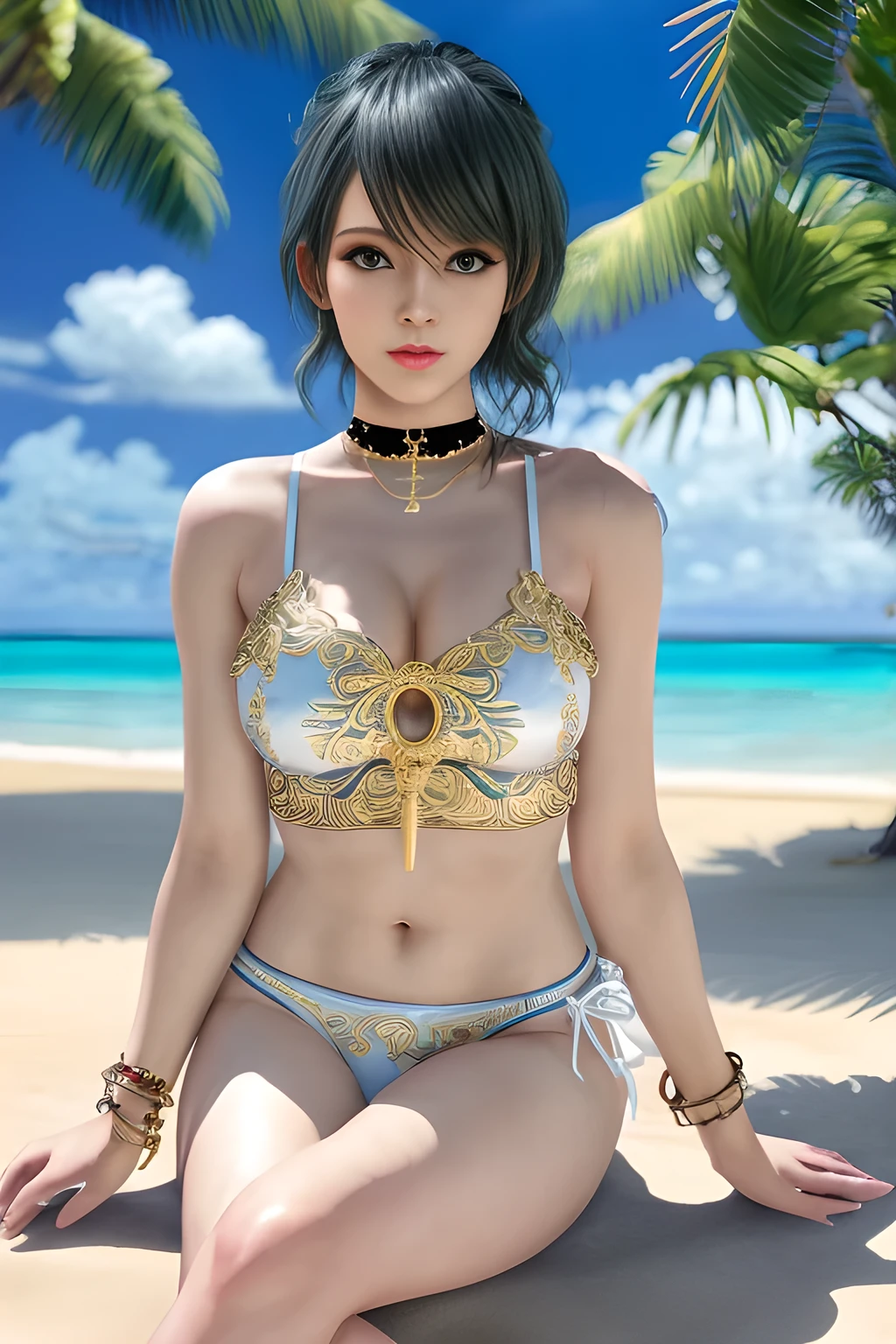 1girl,wearing a stylish white swimsuit. The outfit consists of a cross-neck top and a high-waisted bottom with sheer fabric and gold embellishments. She is sitting on a white sheet on the beach with a clear blue sea and sky in the background, surrounded by lush greenery and a few clouds. A palm tree can also be seen on the right. The sun is shining brightly, indicating that it is a sunny day. She is wearing white platform high heels and also accessorizing with jewelry such as bracelets and a choker. The overall picture gives off a tropical and beachy feel,, beautiful detailed eyes, beautiful detailed lips, extremely detailed eyes and face, long eyelashes, best quality, 4k, 8k, highres, masterpiece, ultra-detailed, realistic, photorealistic, photo-realistic, ethereal glow, regal elegance, intricate details, luxurious, otherworldly beauty, dark atmospheric background, supernatural aura, focus on thighs and above,tamaki