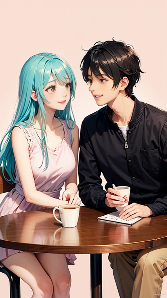 Cute anime style、High school boys and girls、A scene where two people are sitting opposite each other in a cafe, making eye contact and smiling.。Pastel painting style、Plain pink background、cute anime illustration