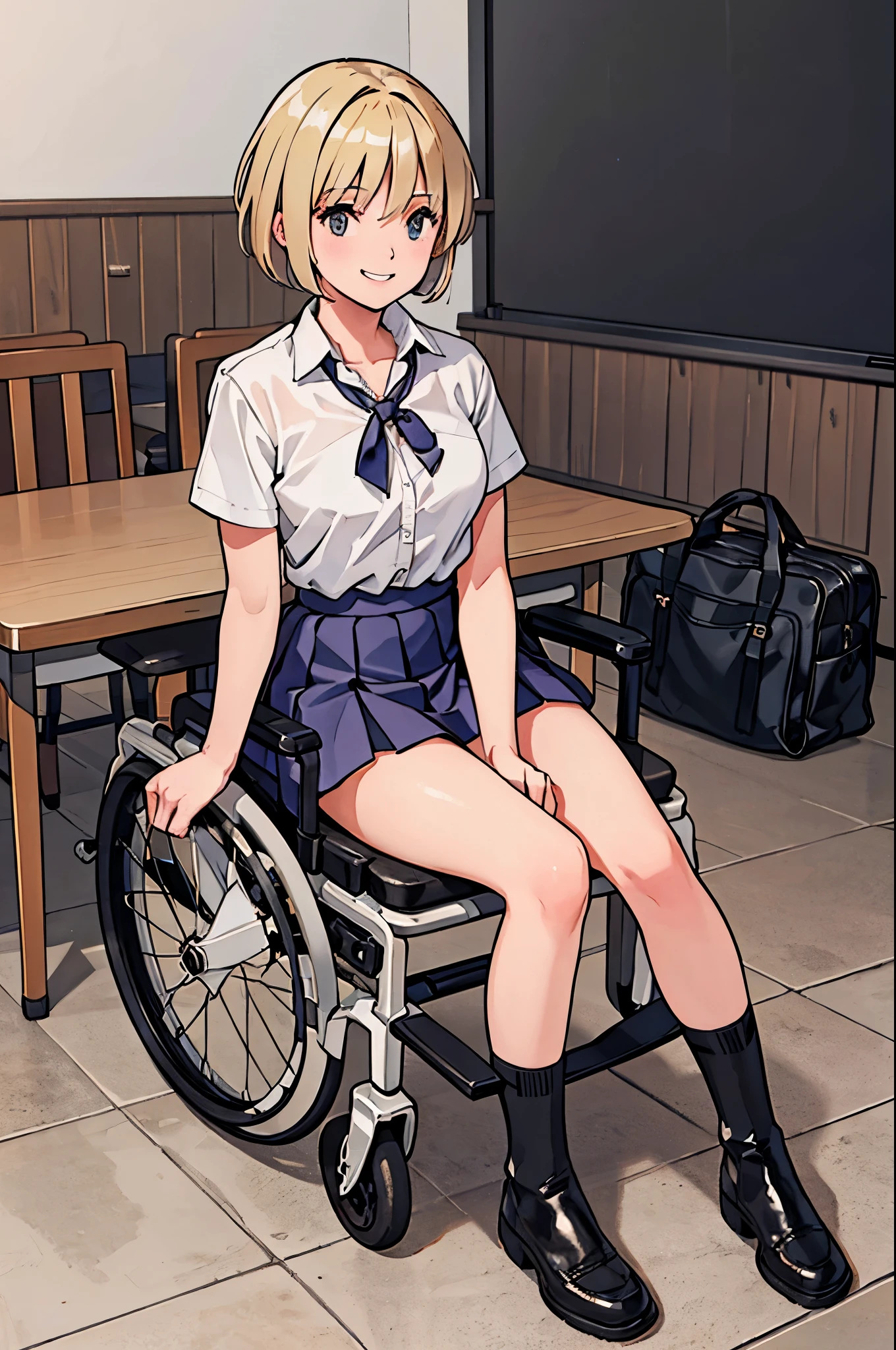 (highest quality,4K,8K,High resolution,table top:1.2), Super detailed, (realistic,photorealistic,photo-realistic:1.37),inside the school,inside the classroom,one 17 years old girl,blonde short bob hair,grin,grin,she’s disabled,she’s wheelchair user,she’s wheelchair user,her legs are very thin,ribbons,blouse,skirts,socks,boots,she has crutches,there is school bag on her knee.