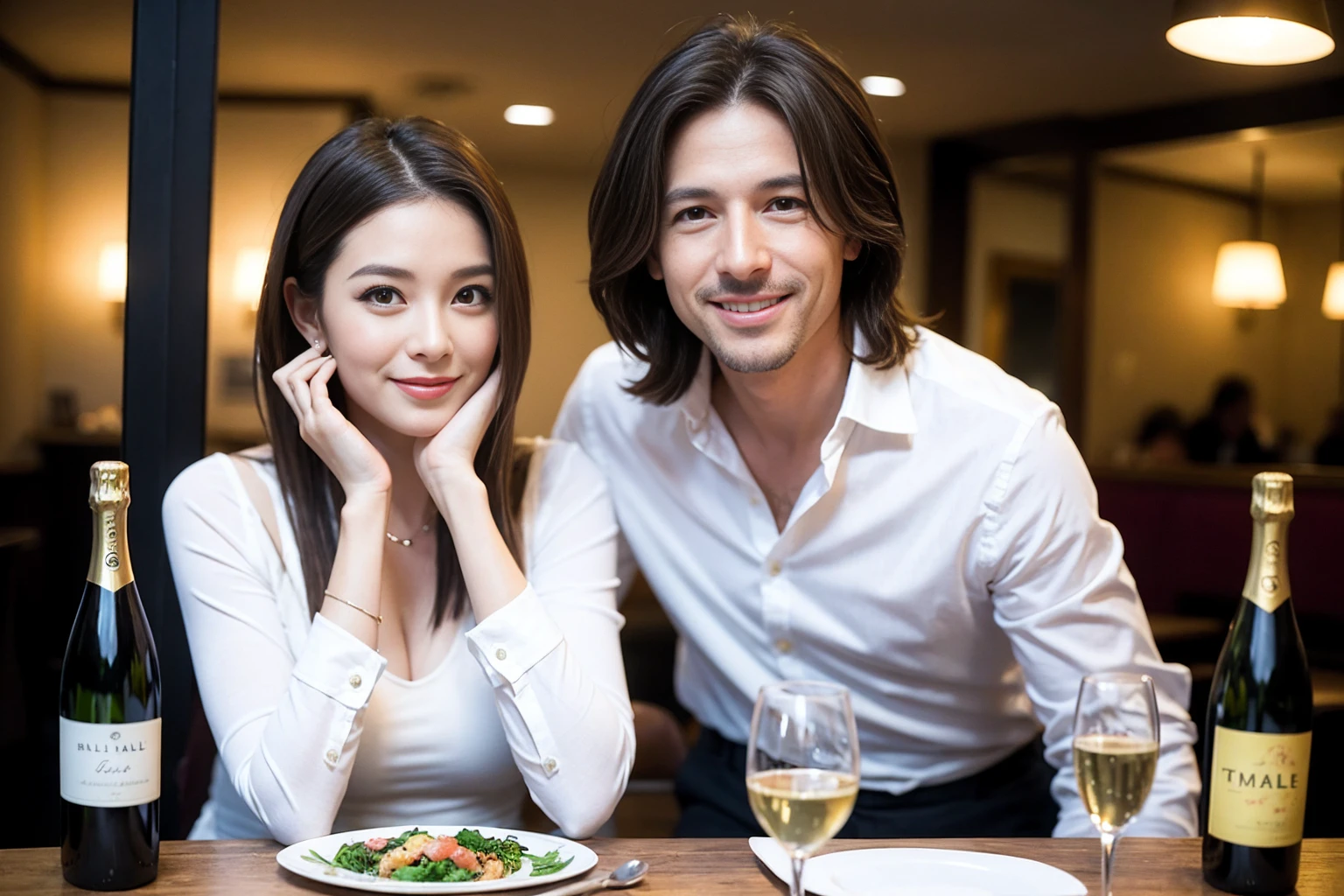 ((Highest quality、、masterpiece:1.3))、1 male、1 female、spouse、Beautiful couple、smile、full-course dinner、 (Slim face), (the body is スリム), (Brown Hair), (Shortcuts), ((Bob Hale、Straight hair:1.2)), テーブルの上のwine glass、Shine light on your face、 Amazing view of the sunset sky and clouds、smileの美しさ、Bright image、Blushing, Shortcuts, (43 years old), 39 years old, Appetizers、Italian food、Wine bottle、Champagne、sparkling wine、Long sleeve shirt、dress、Attractive beauty、restaurant, Nova Frog Style, actress, model, Upper Body, White wine, red wine, wine glass,
