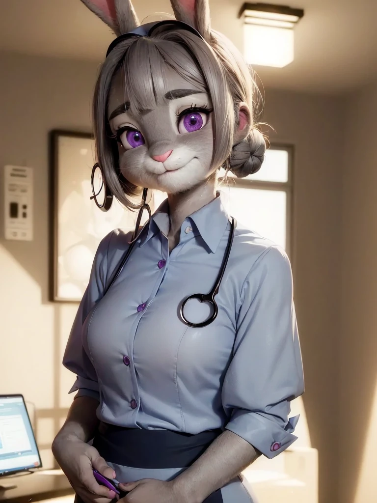 Highest quality,
masterpiece,
Ultra-realistic,
Super detailed,
Beautiful details,
4K,8K,upper,
pixar,
Photo realistic,
Medium Shot,
Background is ((hospital room)),
Realistic lighting,
((Anthropomorphic rabbit)),
Detailed animals,
Complex patterns,
(Furry:1.35),
(All skin is grey:1.35),
(The body is fluffy and bushy:1.1),
Realistic fur,
Human hand,
(Judy Hopps face:1.35),
((Single bun hairstyle)),
((side part bangs)), bangs,
hair color is dark gray,
Purple eyes,
{Eye highlights, Clear eyes, Eyes sparkling, Large, round pupils},
Detailed Iris,
(Eyebrows raised:1.2),
(Crescent eyebrows:1.3),
(Bunny ears:1.3),
hospitality smile,
((Angel smile)),
innocent smile,
raised corners of mouth,
The woman is wearing ((nurse uniform)) with collar, skirt,
cyan blue nurse uniform,
cyan blue nurse skirt,
collared shirt,
((Stethoscope)),
((consultation)),
Put one hand on self neck,
(alone:1.5),
(1. Female:1.5),
Only 1 character,
Perfect Anatomy,
lighting forward,
Lighting front,
Intricate details,
Ray Tracing,
Realistic,