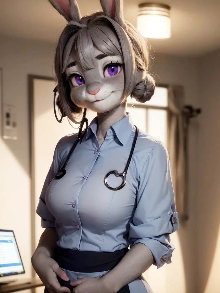 Highest quality,
masterpiece,
Ultra-realistic,
Super detailed,
Beautiful details,
4K,8K,upper,
pixar,
Photo realistic,
Medium Shot,
Background is ((hospital room)),
Realistic lighting,
((Anthropomorphic rabbit)),
Detailed animals,
Complex patterns,
(Furry:1.35),
(All skin is grey:1.35),
(The body is fluffy and bushy:1.1),
Realistic fur,
Human hand,
(Judy Hopps face:1.35),
((Single bun hairstyle)),
((side part bangs)), bangs,
hair color is dark gray,
Purple eyes,
{Eye highlights, Clear eyes, Eyes sparkling, Large, round pupils},
Detailed Iris,
(Eyebrows raised:1.2),
(Crescent eyebrows:1.3),
(Bunny ears:1.3),
hospitality smile,
((Angel smile)),
innocent smile,
raised corners of mouth,
The woman is wearing ((nurse uniform)) with collar, skirt,
cyan blue nurse uniform,
cyan blue nurse skirt,
collared shirt,
((Stethoscope)),
((consultation)),
Put one hand on self neck,
(alone:1.5),
(1. Female:1.5),
Only 1 character,
Perfect Anatomy,
lighting forward,
Lighting front,
Intricate details,
Ray Tracing,
Realistic,