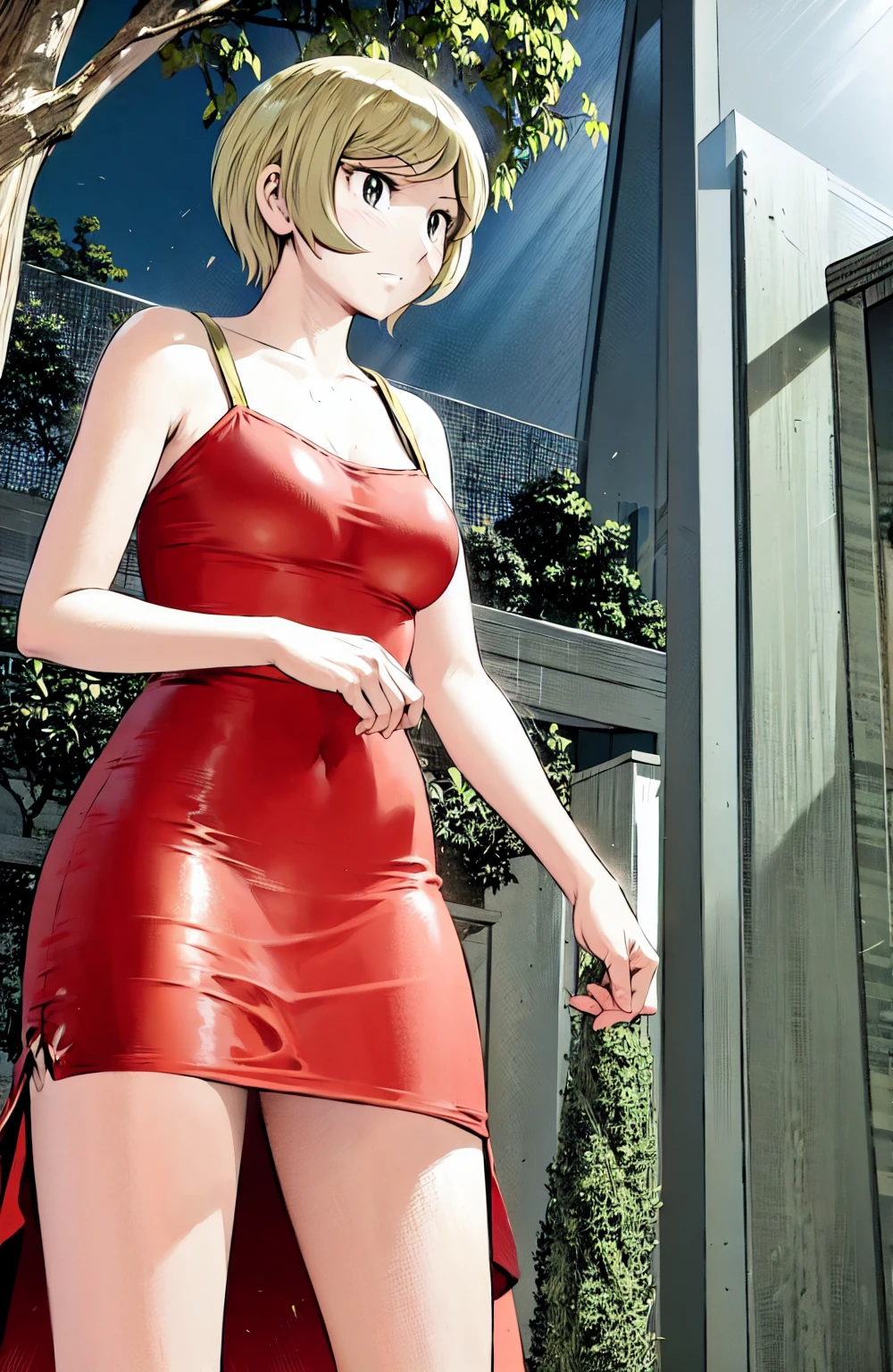 、(masterpiece、Highest quality)、Highest quality, Ultra-high resolution, (((masterpiece))), alone, Sweat、Big eyes, No sleeve、Outdoor、Floral dress、Composition from the front、(Cut the back hair short、short hair、blonde、woman)、Shortcuts、Embarrassed face、Cut your hair short、可愛いwomanの子、Big Breasts