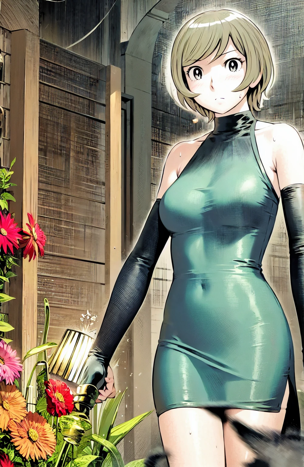、(masterpiece、Highest quality)、Highest quality, Ultra-high resolution, (((masterpiece))), alone, Sweat、Big eyes,  No sleeve、Outdoor、Floral dress、Composition from the front、（Cut the back hair short、short hair、blonde、woman）、Shortcuts、Embarrassed face、Cut your hair short、可愛いwomanの子、Big Breasts