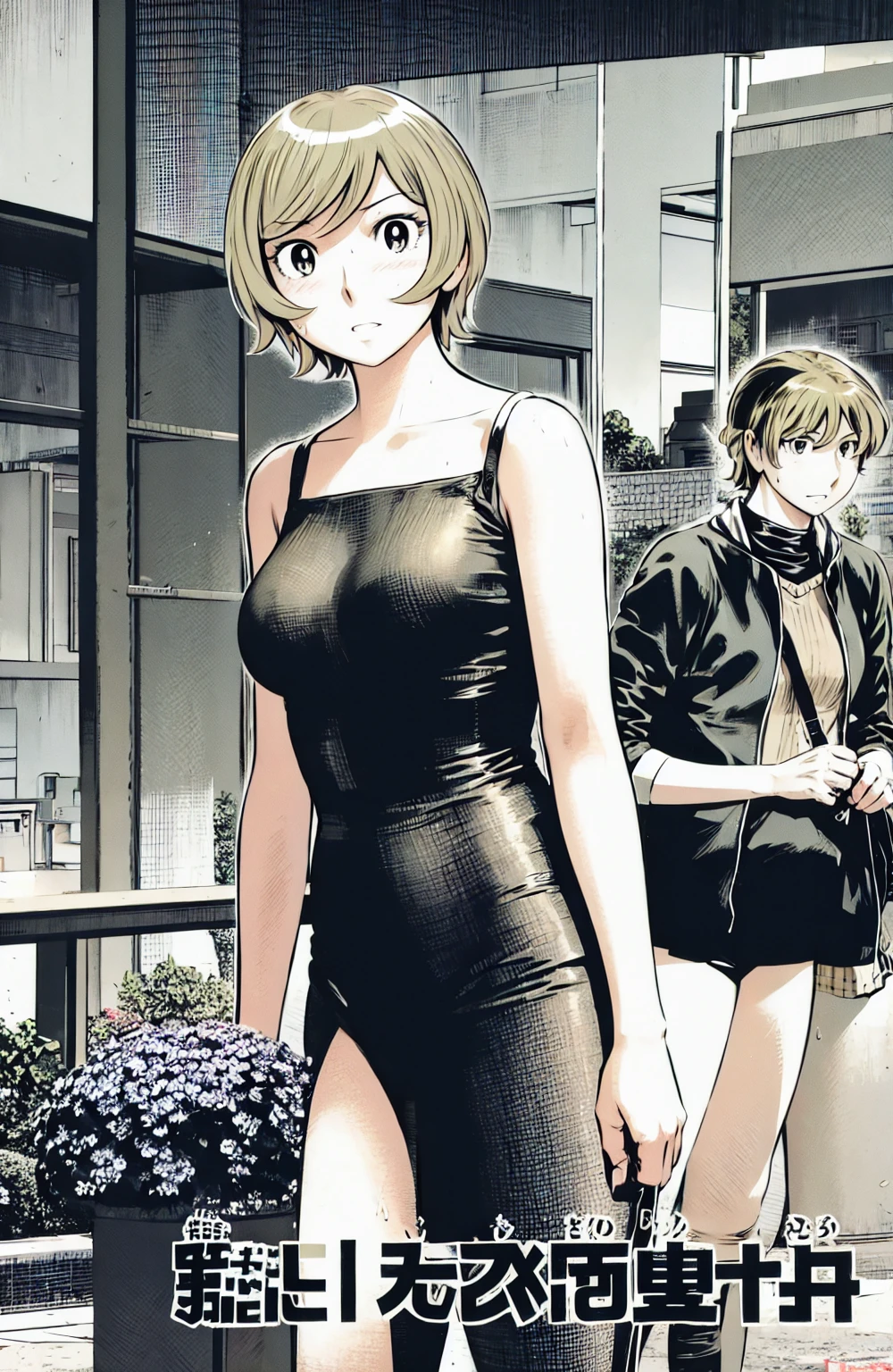 、(masterpiece、Highest quality)、Highest quality, Ultra-high resolution, (((masterpiece))), alone, Sweat、Big eyes, No sleeve、Outdoor、Floral dress、Composition from the front、(Cut the back hair short、short hair、blonde、woman)、Shortcuts、Embarrassed face、Cut your hair short、可愛いwomanの子、Big Breasts