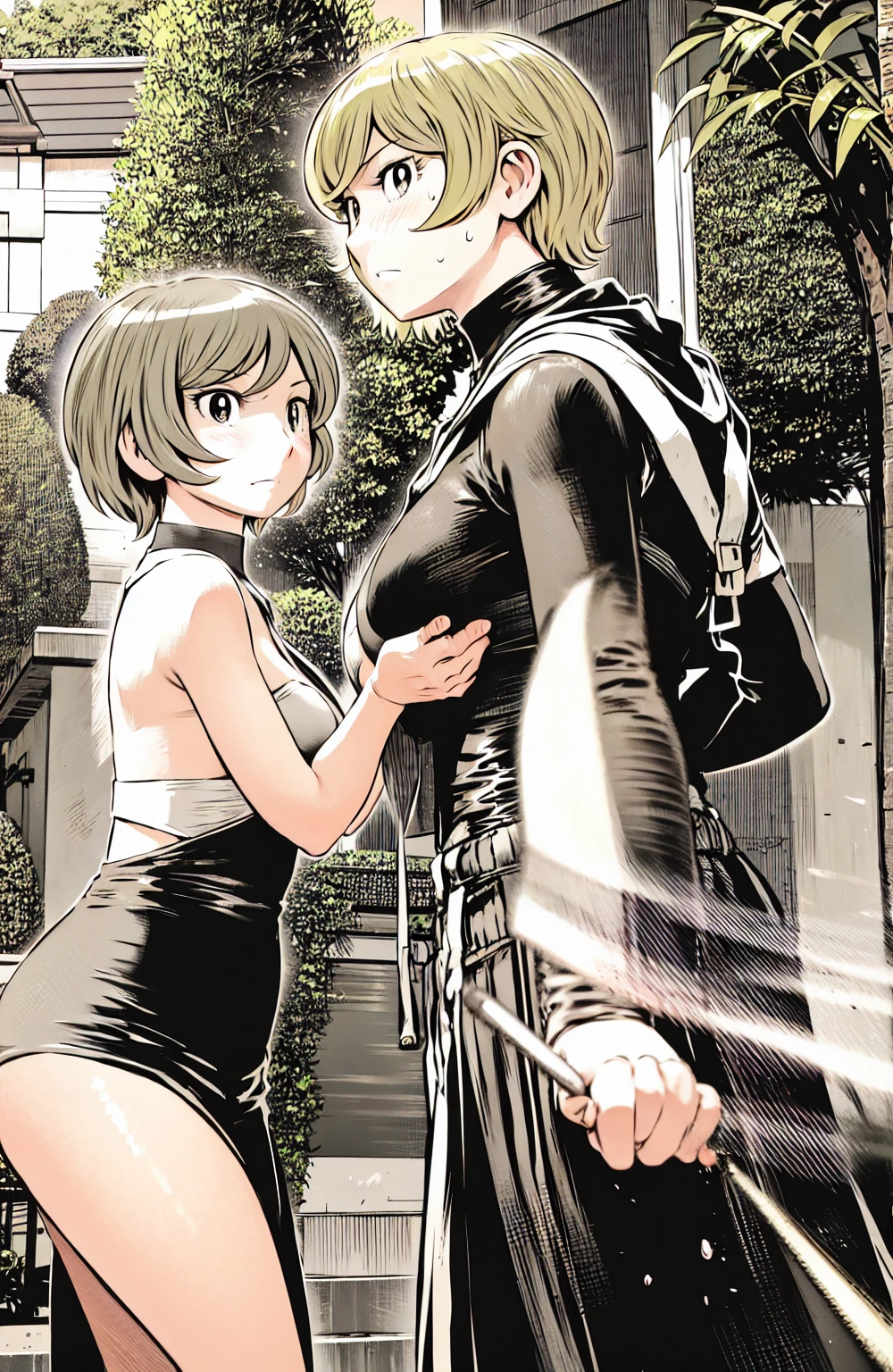 、(masterpiece、Highest quality)、Highest quality, Ultra-high resolution, (((masterpiece))), alone, Sweat、Big eyes, No sleeve、Outdoor、Floral dress、Composition from the front、(Cut the back hair short、short hair、blonde、woman)、Shortcuts、Embarrassed face、Cut your hair short、可愛いwomanの子、Big Breasts